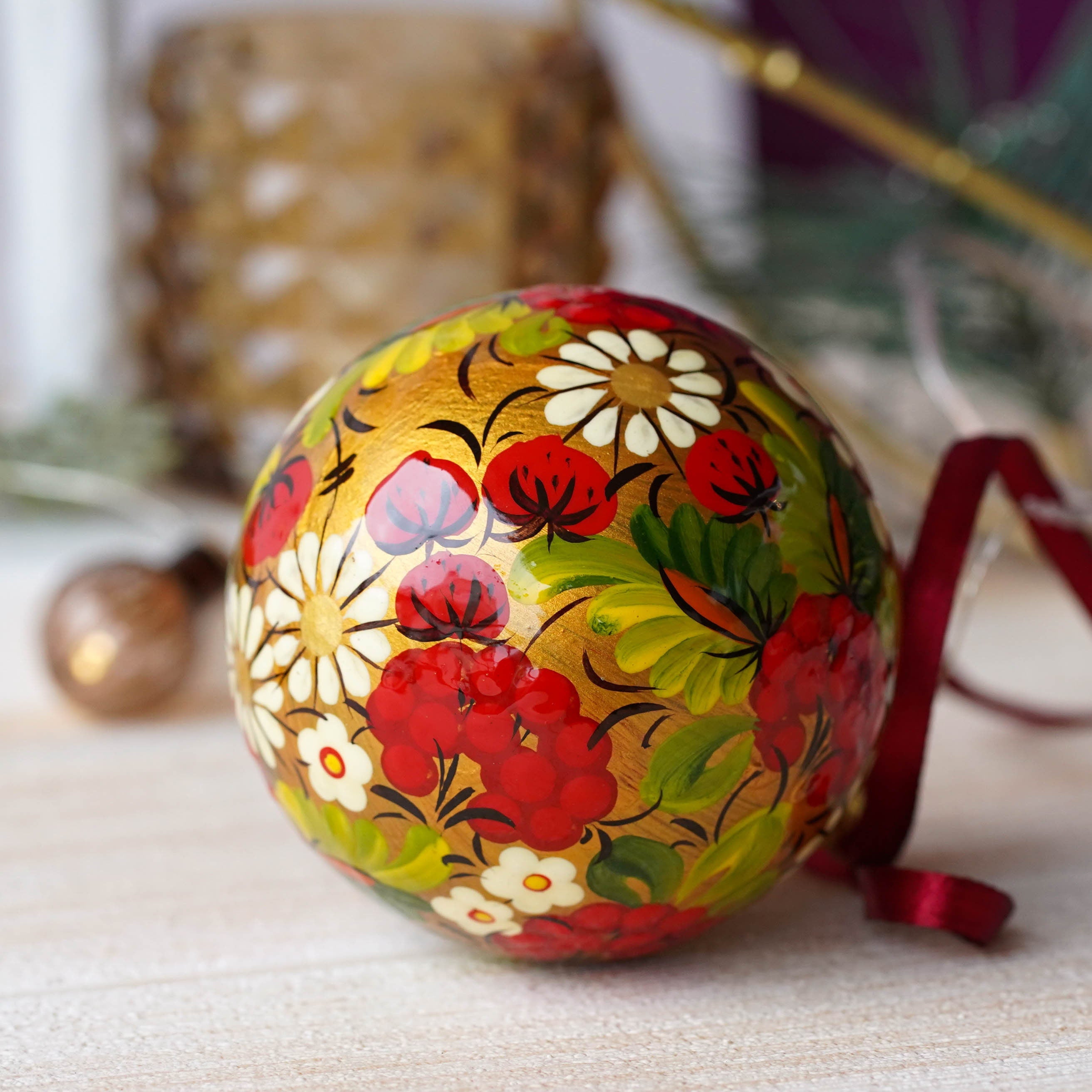 Hand-painted Ukrainian Christmas Ball Ornament 3.14 in - Handmade Petrykivka Art Green & Red Flower Christmas Tree Decoration