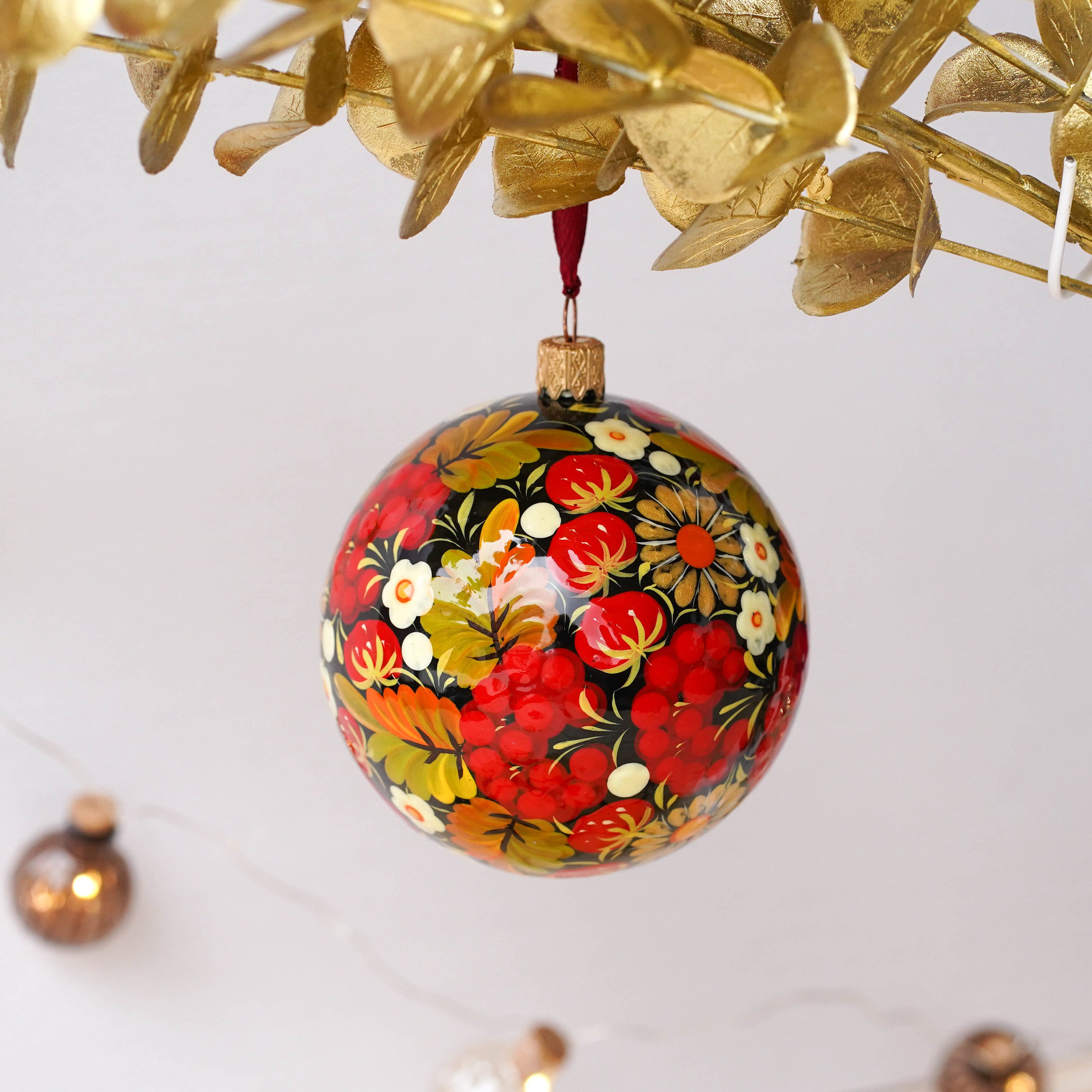 Hand-painted Ukrainian Christmas Ball Ornament 3.14 in - Handmade Petrykivka Art Red Flower Hanging Ornament, Folk Christmas Tree Decoration