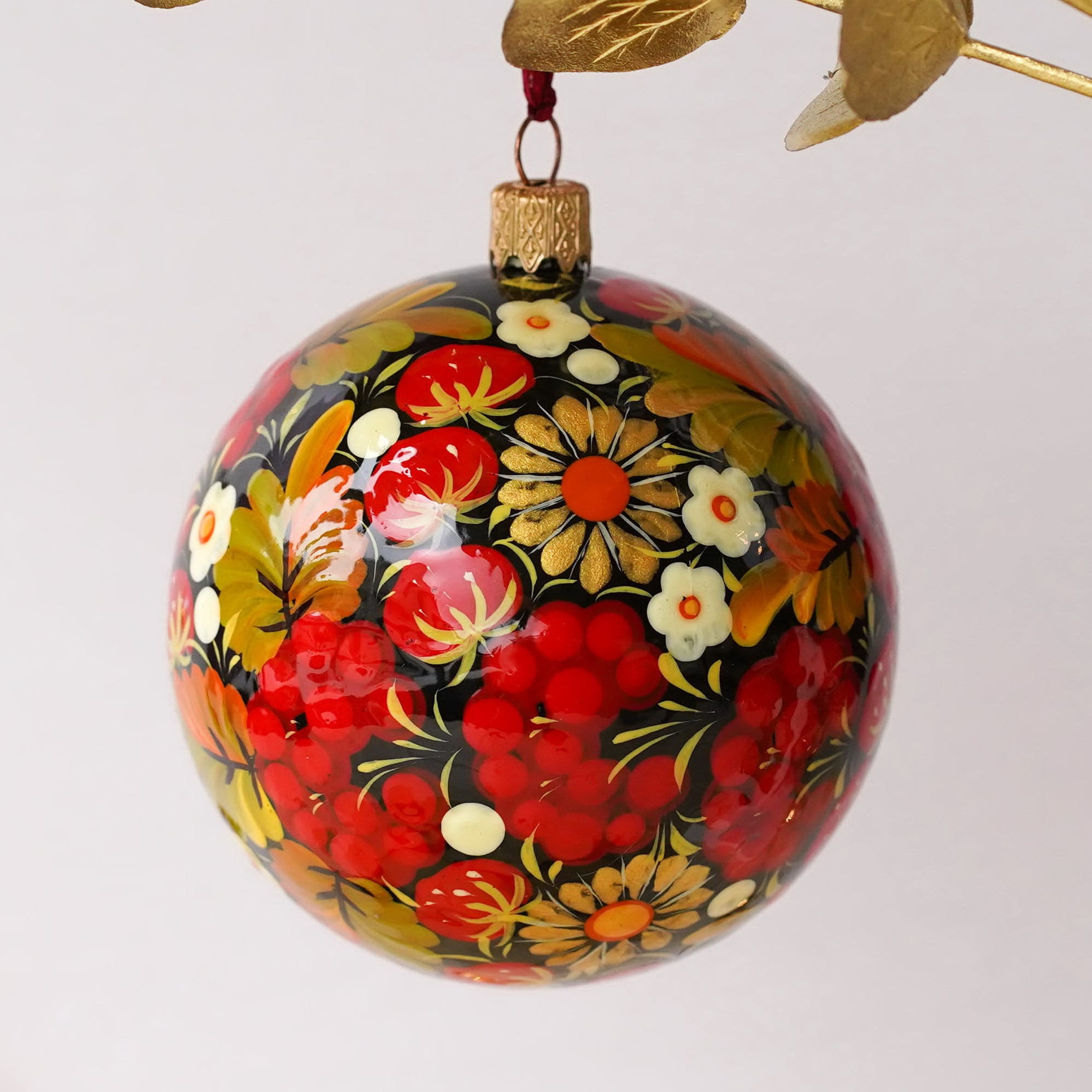 Hand-painted Ukrainian Christmas Ball Ornament 3.14 in - Handmade Petrykivka Art Red Flower Hanging Ornament, Folk Christmas Tree Decoration