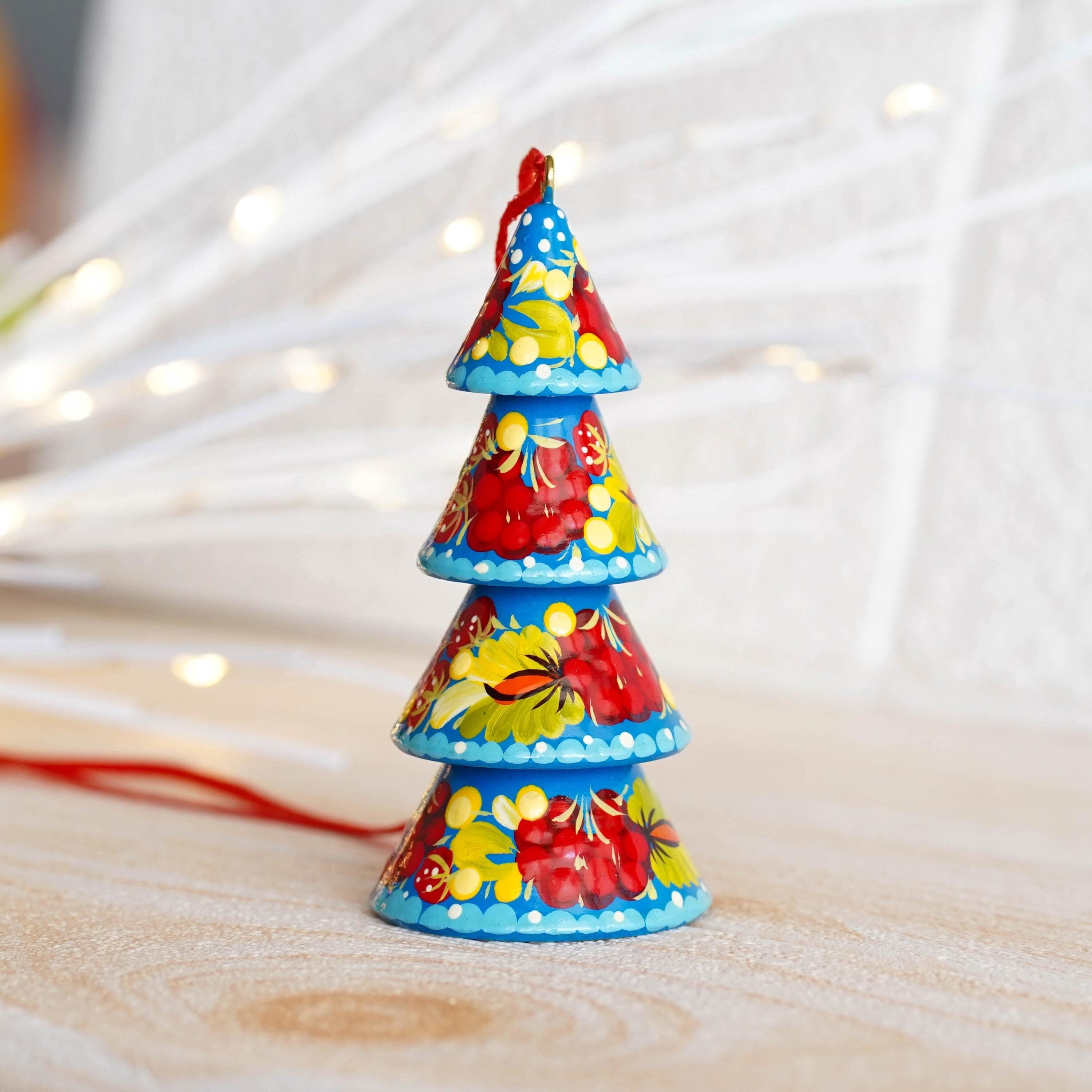 Hand-painted Wooden Christmas Tree-Shaped Ornament - Handmade Ukrainian Petrykivka Art Christmas Decoration, Red & Blue Dimensional Tree