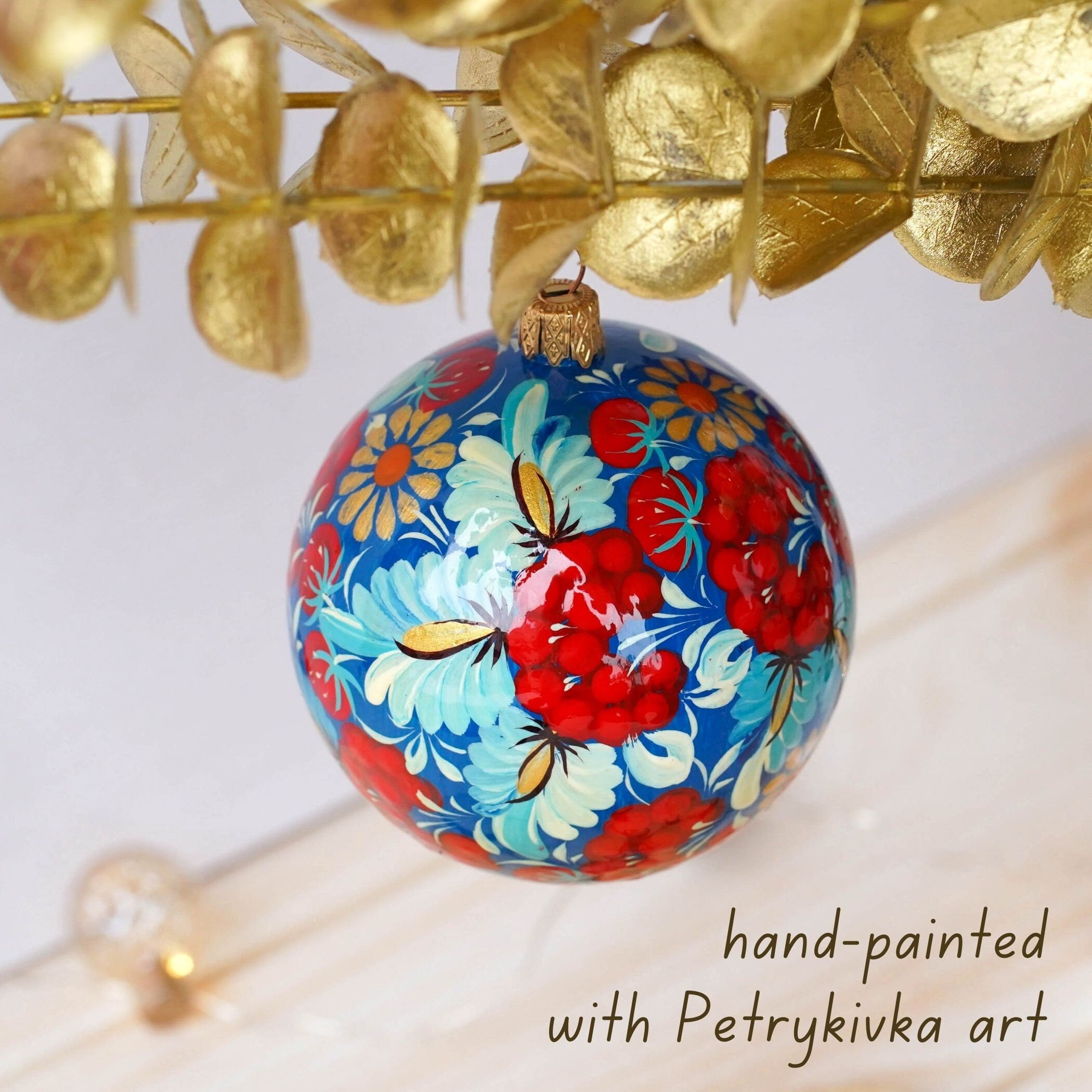 Hand-painted Ukrainian Christmas Ball Ornament 3.14 in - Handmade Petrykivka Blue & Red Flower Hanging Ornament, Christmas Tree Decoration