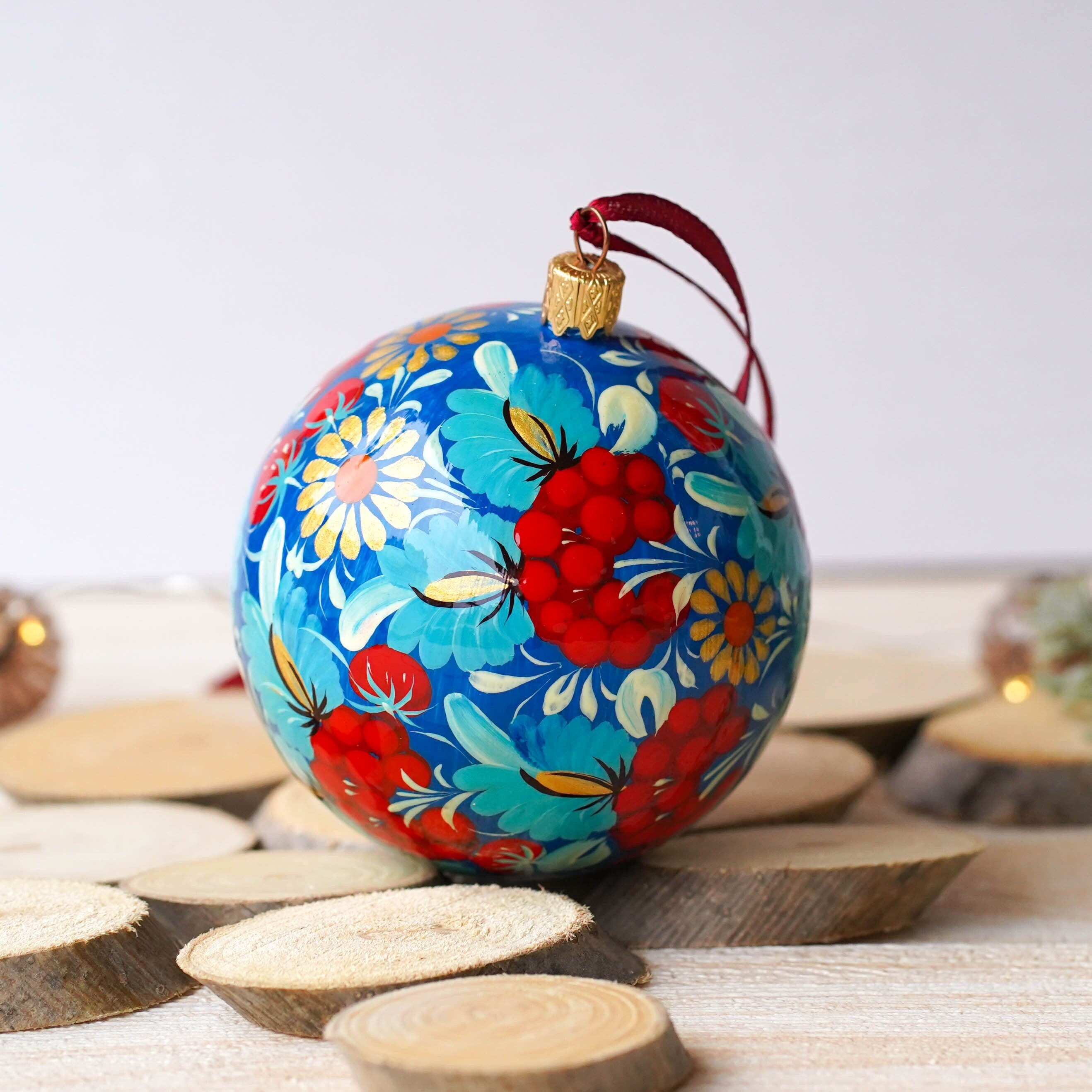 Hand-painted Ukrainian Christmas Ball Ornament 3.14 in - Handmade Petrykivka Blue & Red Flower Hanging Ornament, Christmas Tree Decoration