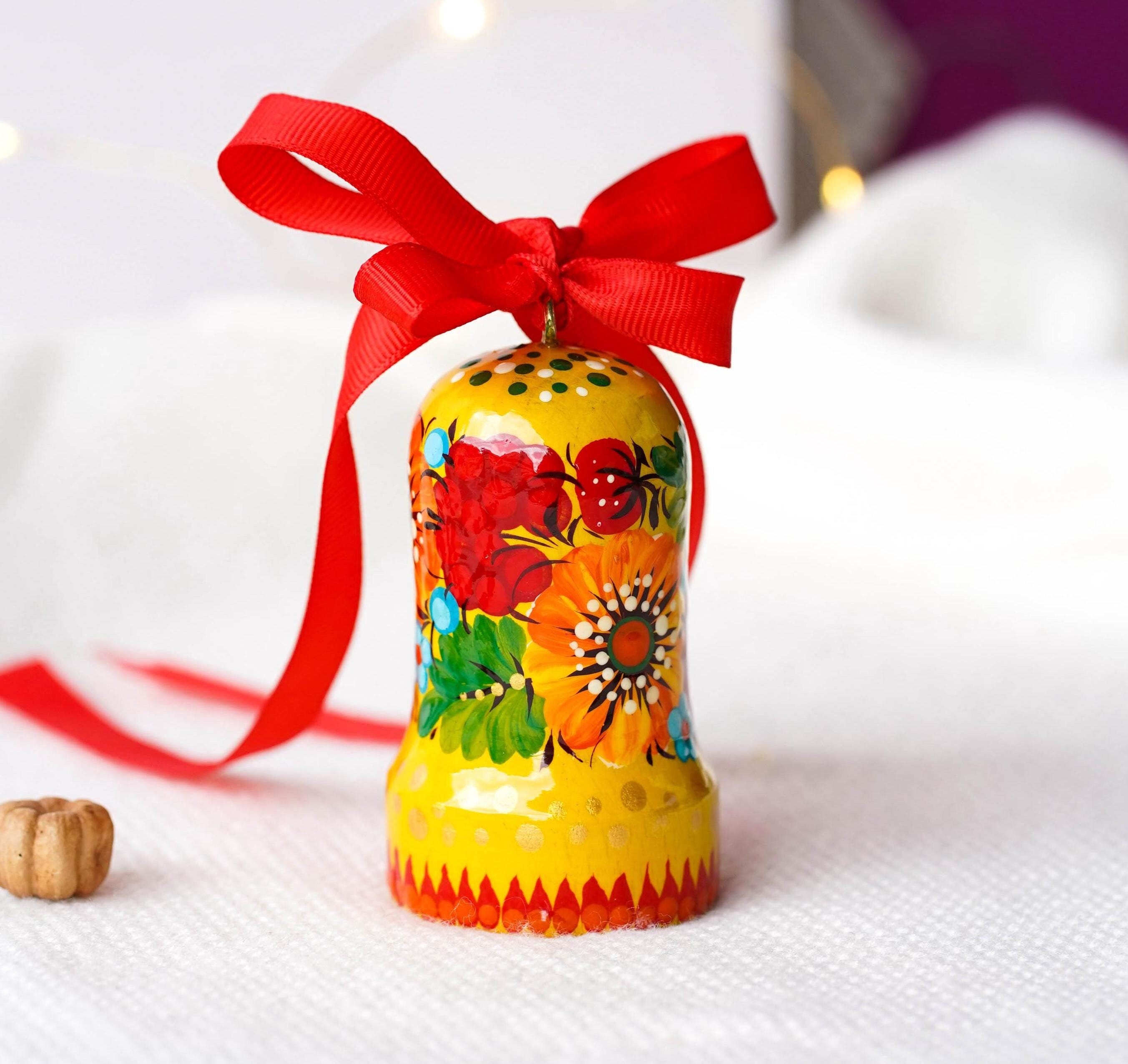 Painted Wooden Bell Christmas Ornament - Handmade Ukrainian Petrykivka Christmas Bells, Yellow & Red Flower Christmas Tree Decoration