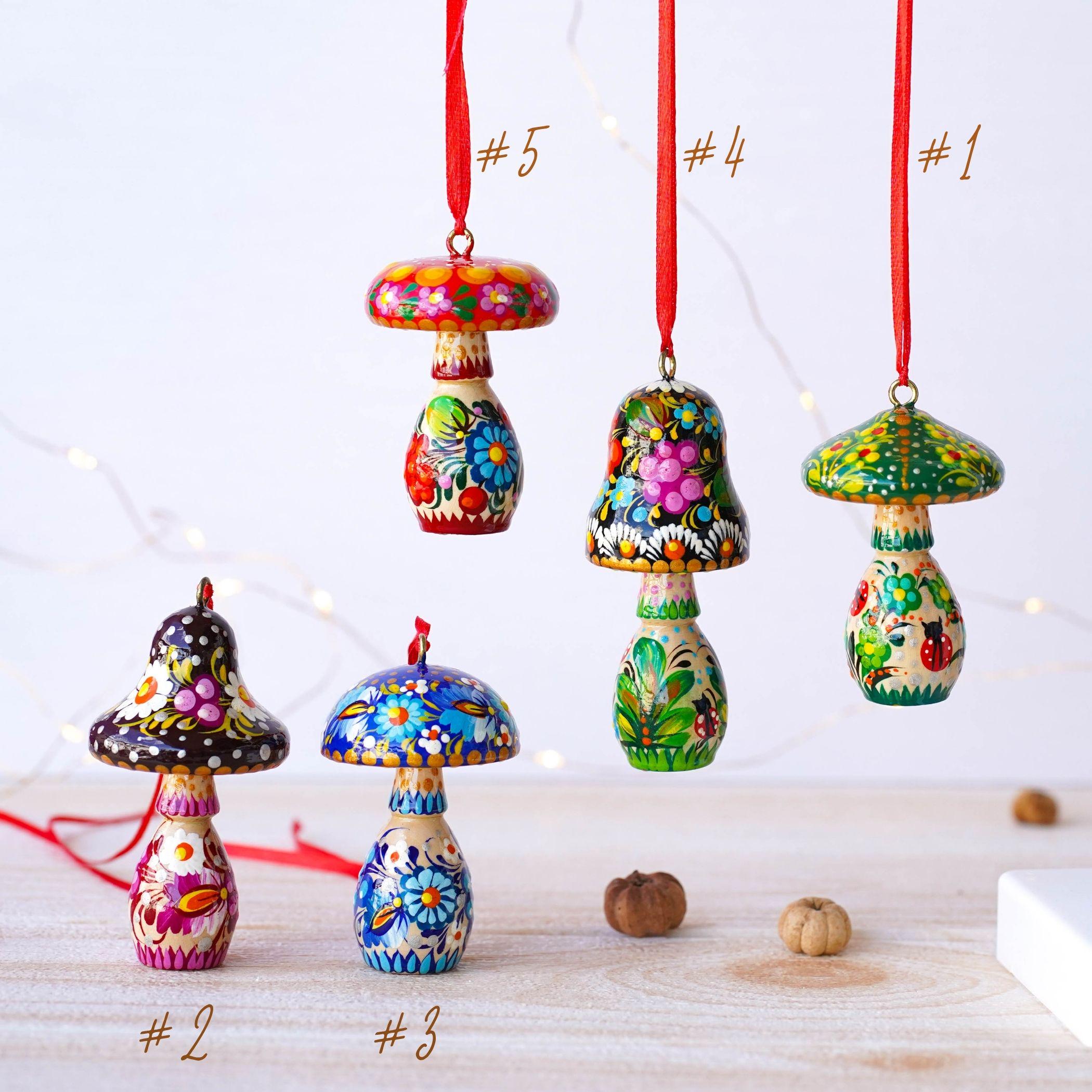 Handpainted Wooden Green Mushroom Ornament - Handmade Ukrainian Petrykivka Christmas Tree Hanging Ornament, Green Flower Mushroom Decoration