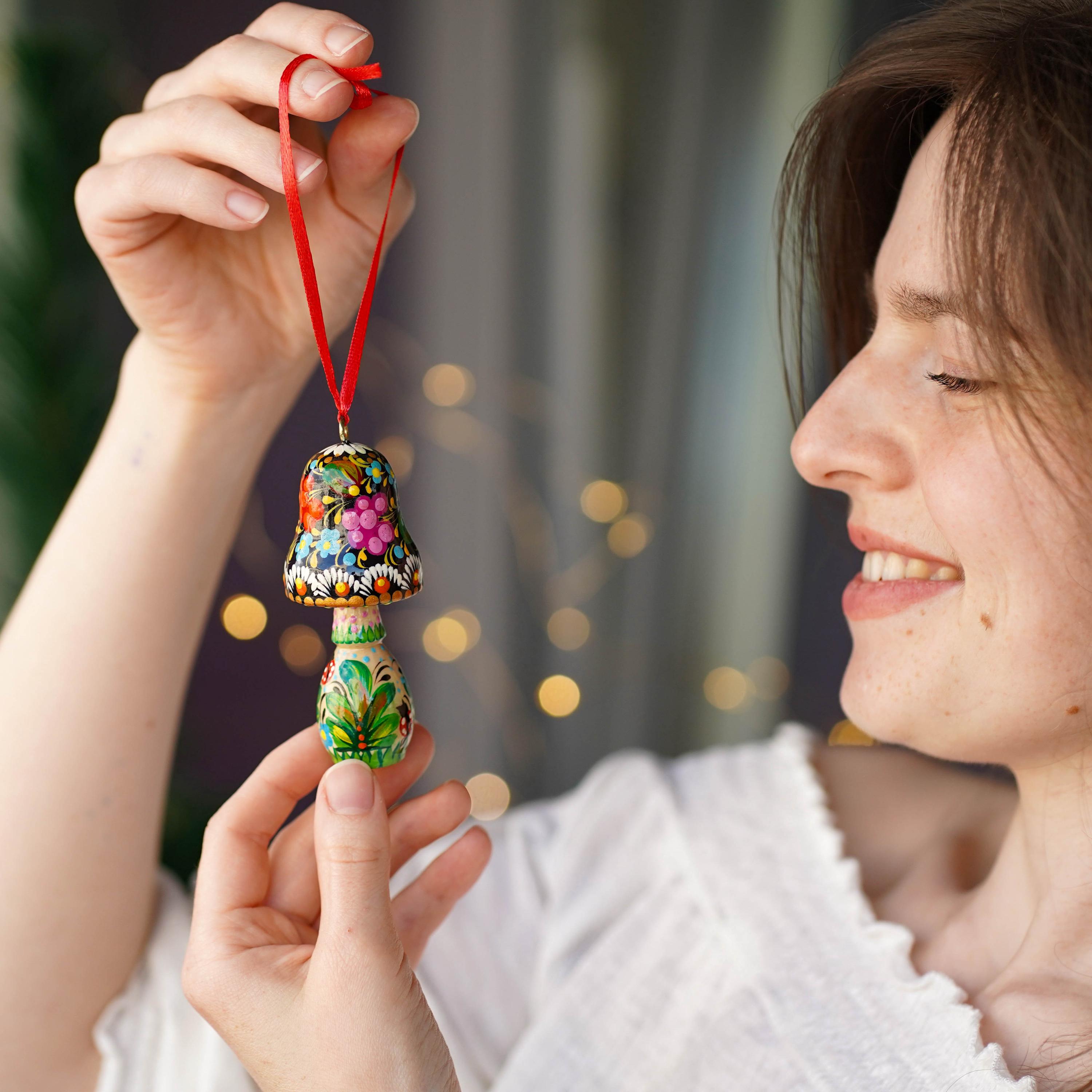 Handpainted Wooden Green Mushroom Ornament - Handmade Ukrainian Petrykivka Christmas Tree Hanging Ornament, Green Flower Mushroom Decoration