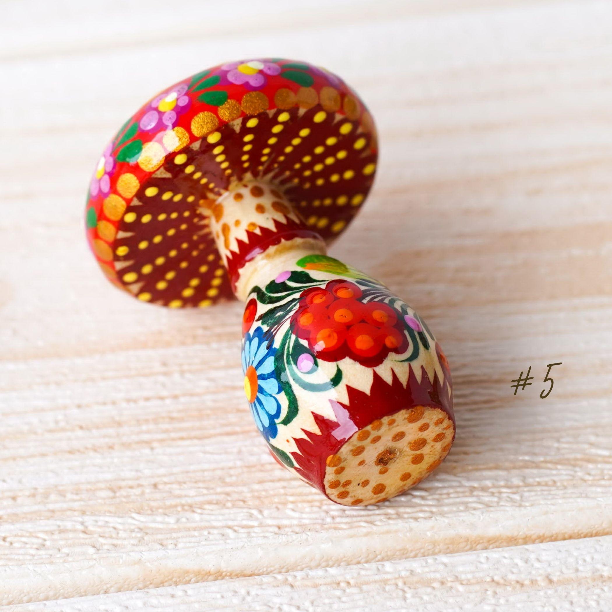 Hand-painted Wooden Mushroom Ornament - Handmade Ukrainian Petrykivka Christmas Tree Hanging Ornament, Fairy Flower Mushroom Ornament