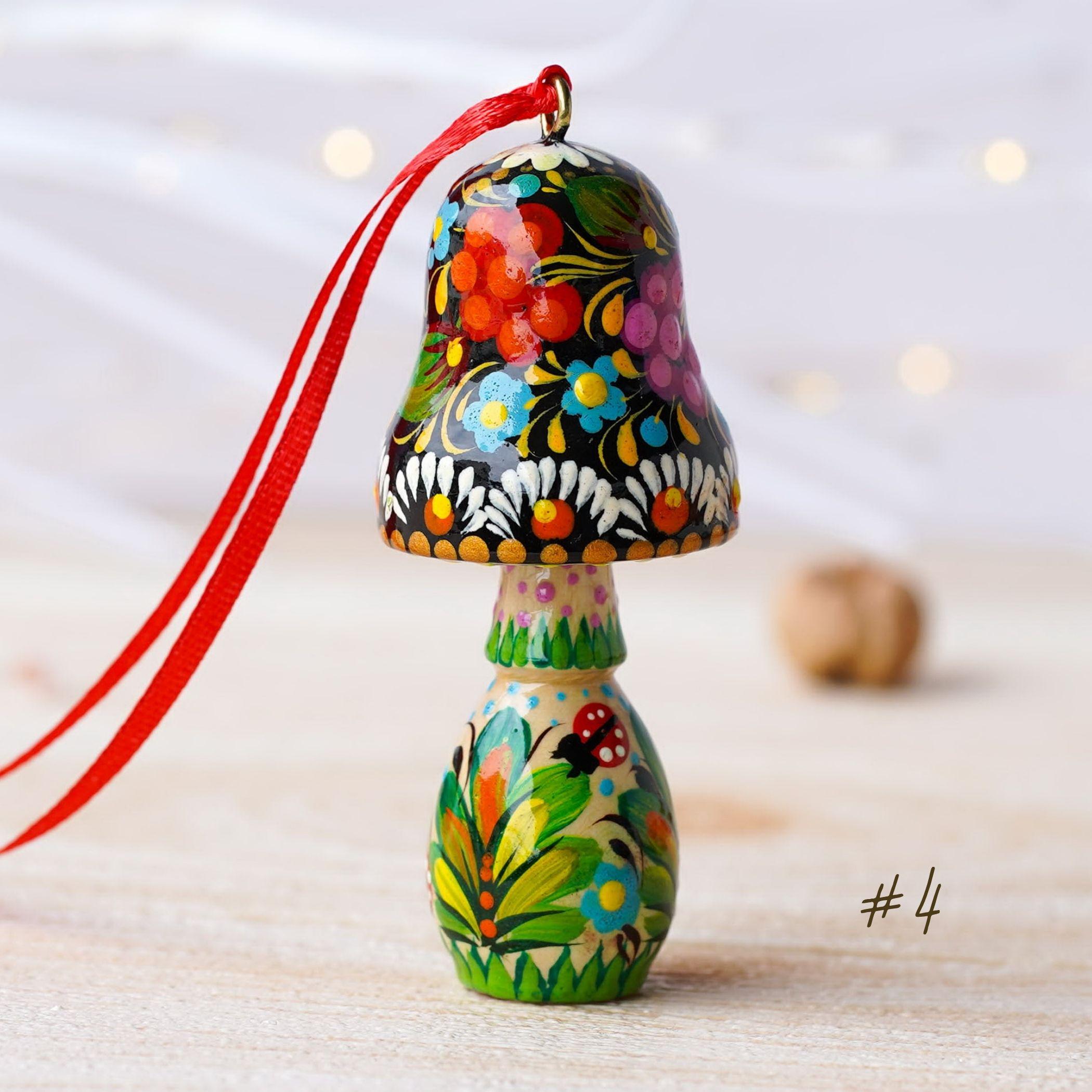 Hand-painted Wooden Mushroom Ornament - Handmade Ukrainian Petrykivka Christmas Tree Hanging Ornament, Fairy Flower Mushroom Ornament