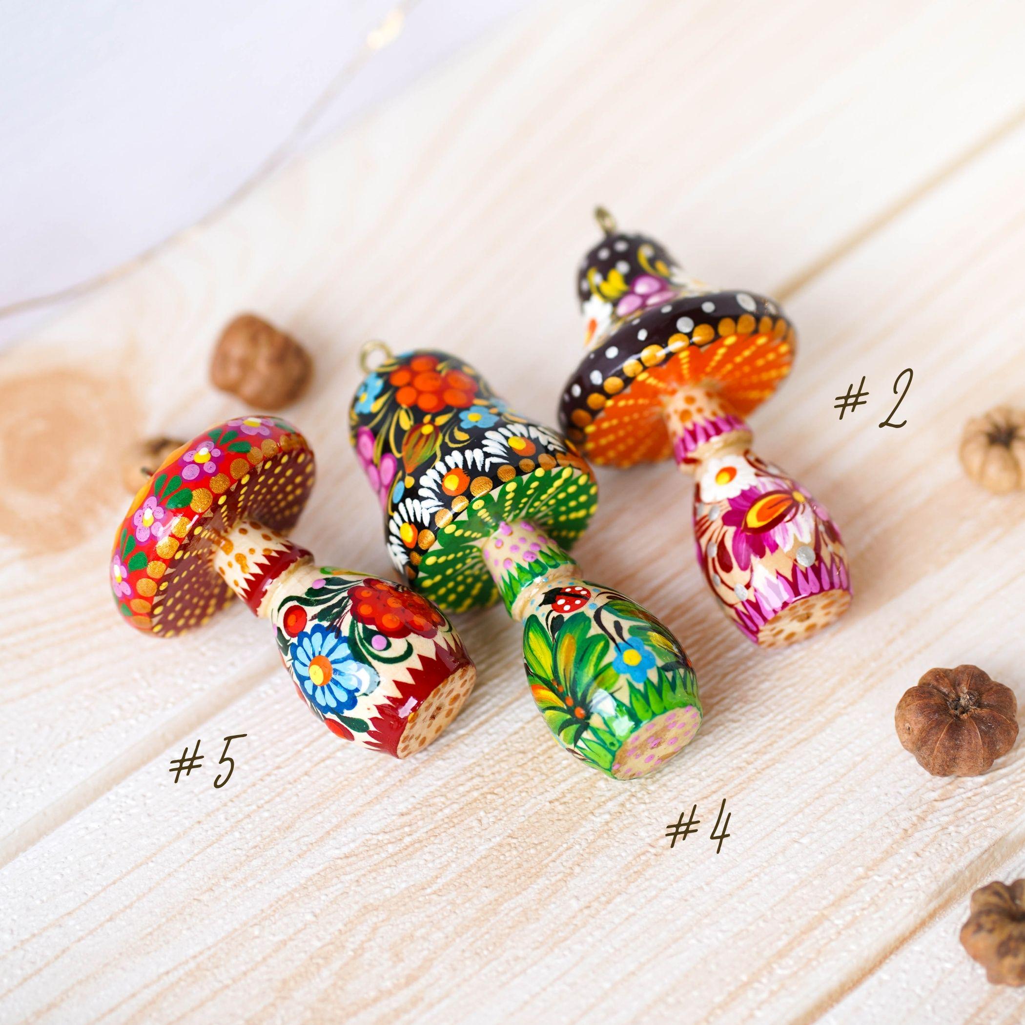 Hand-painted Wooden Mushroom Ornament - Handmade Ukrainian Petrykivka Christmas Tree Hanging Ornament, Fairy Flower Mushroom Ornament