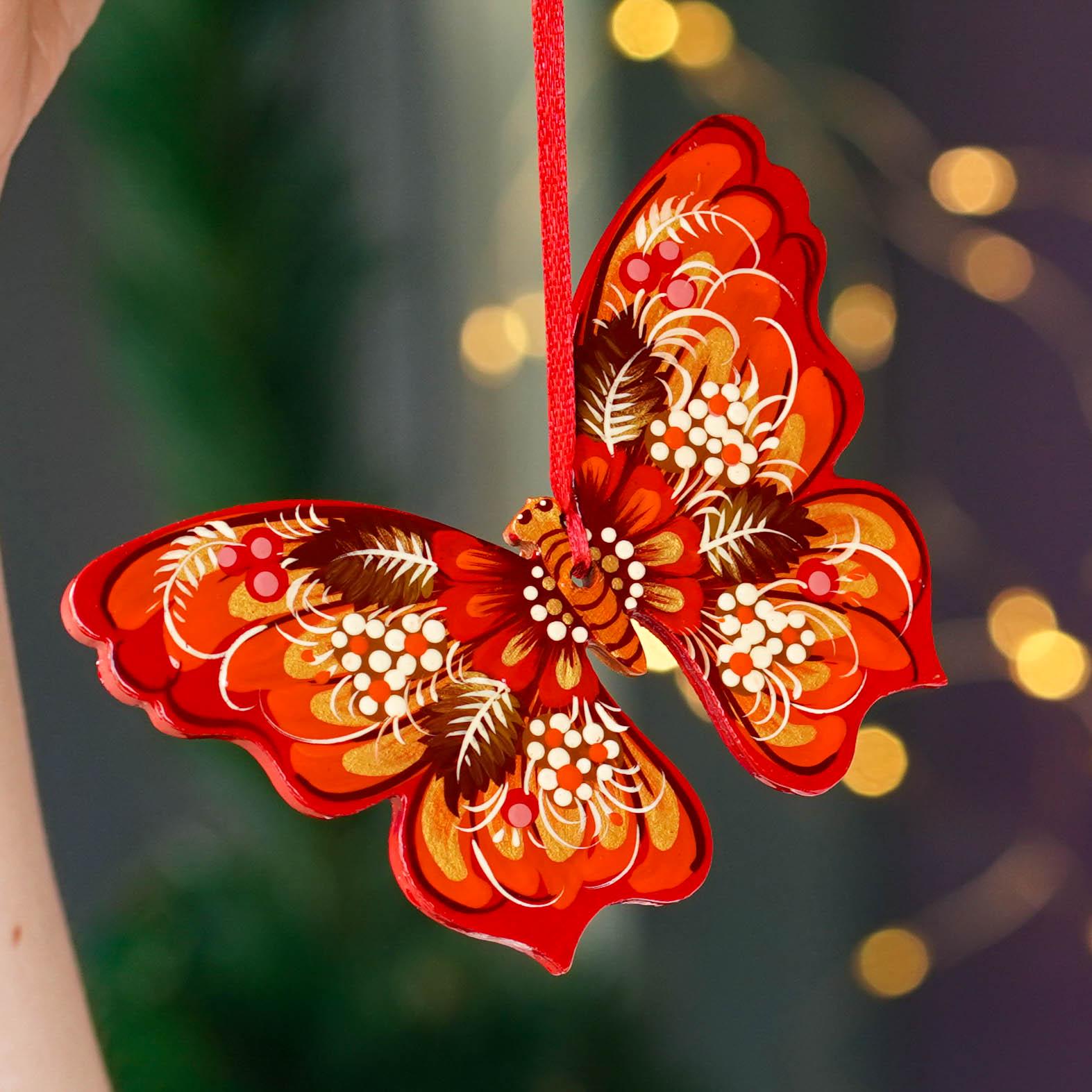 Hand-Painted Wooden Butterfly Ornament - Red Flower Butterfly Christmas Tree Decoration with Ukrainian Petrykivka Art