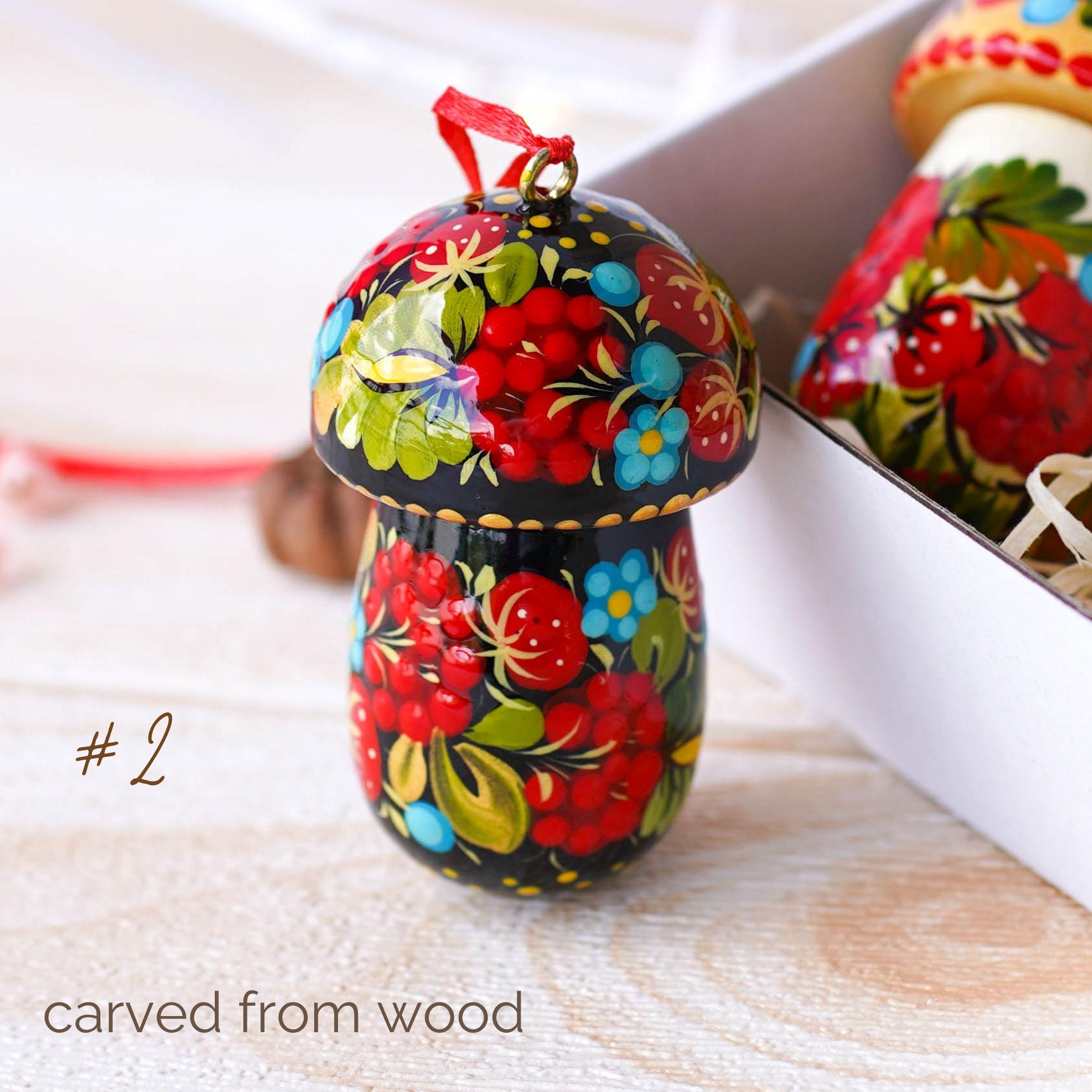 Fillable Painted Mushroom Ornament - Handmade Ukrainian Ornament with Openable Lid & Space for Gift, Red Strawberry Petrykivka Tree Ornament