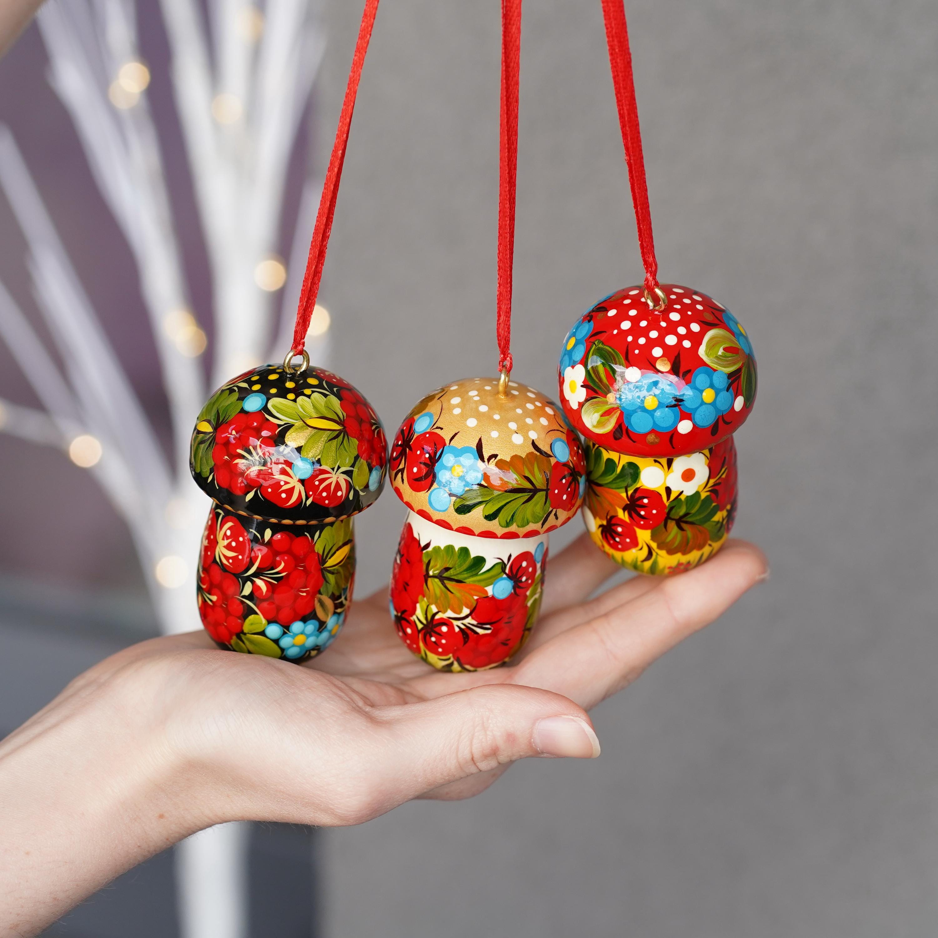 Fillable Painted Mushroom Ornament - Handmade Ukrainian Strawberry Ornament with Openable Lid & Space for Gift, Flower Petrykivka Ornament