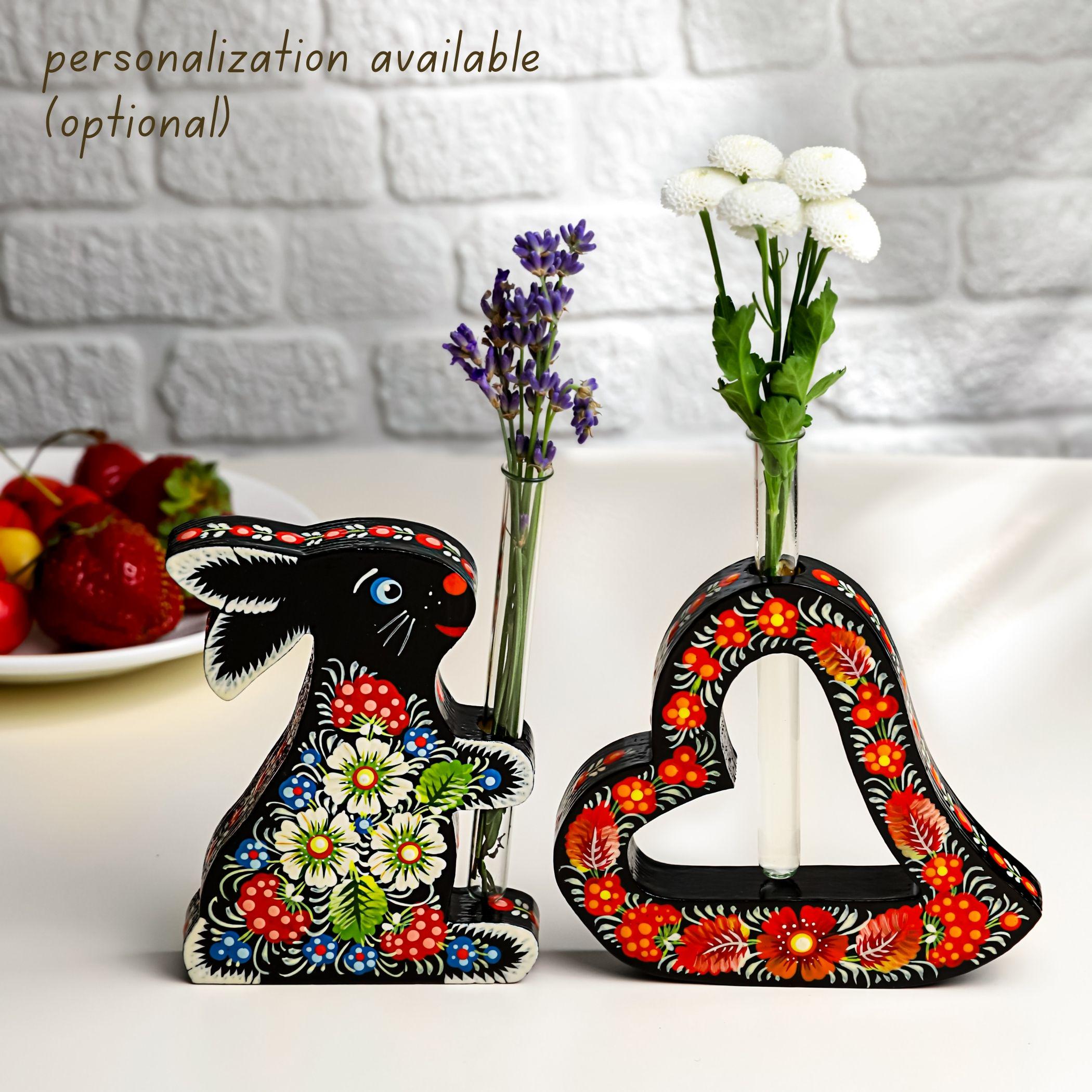 Painted Wooden Heart Propagation Station - Ukrainian Petrykivka Folk Art Bud Vase - Handmade Rooting Tube Planter, Plant Lover Gift