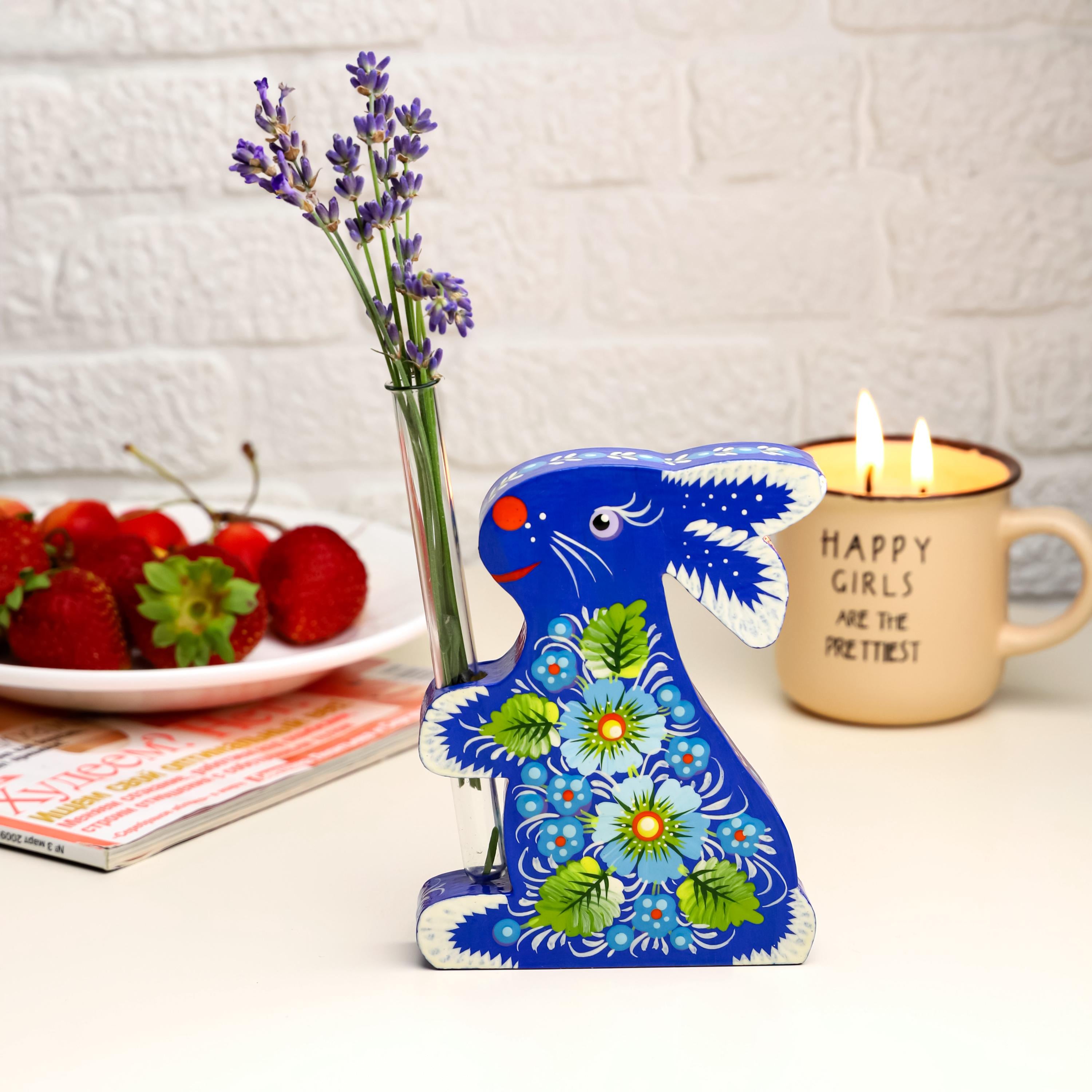 Painted Wooden Bunny Propagation Station - Ukrainian Petrykivka Bud Vase - Handmade Rooting Tube Planter - Plant Lover Gift