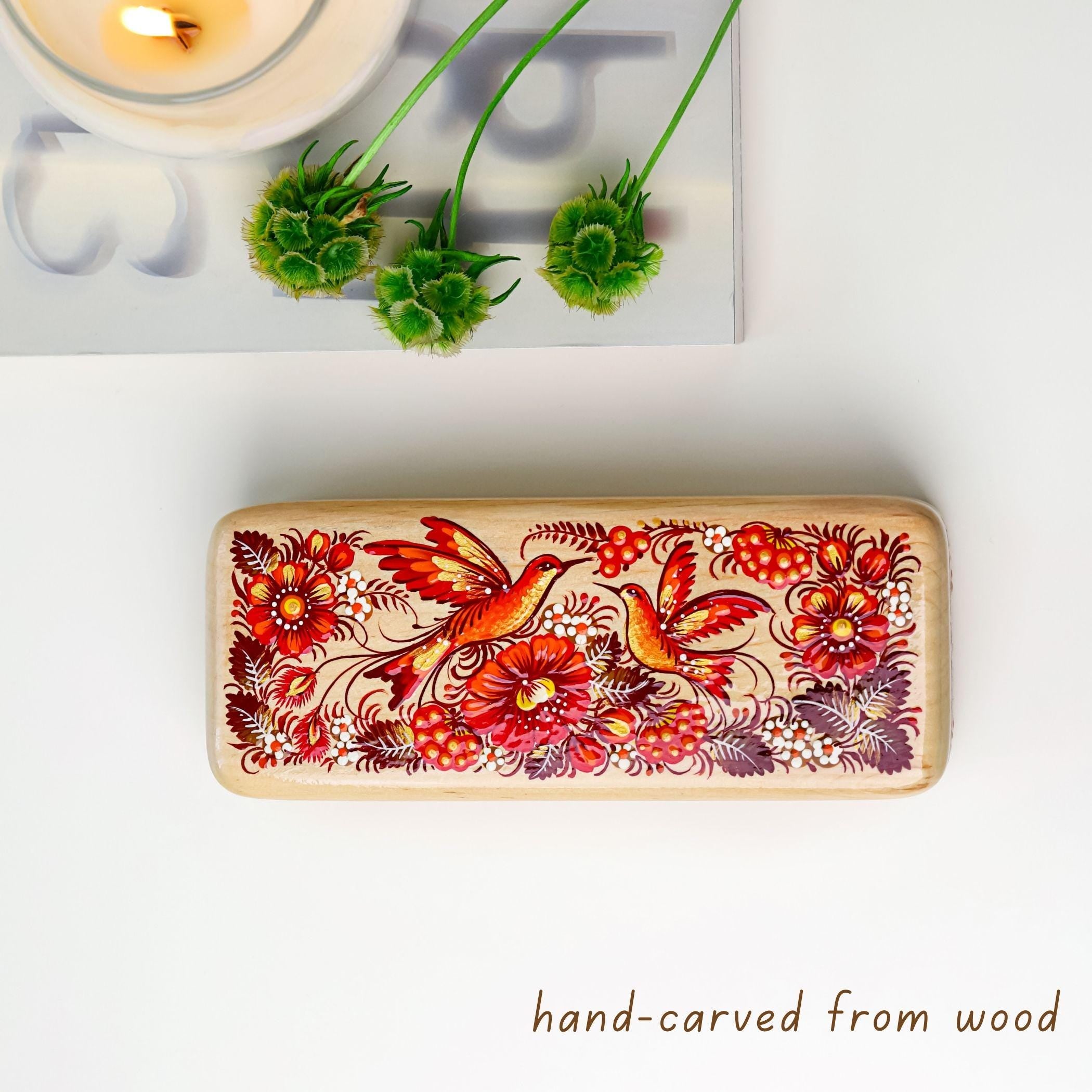 Hand-painted Wooden Glasses Case - Red Flower Hummingbird Eyeglasses Case, Ukrainian Petrykivka Folk Art Glass Case, High End Handmade Gift