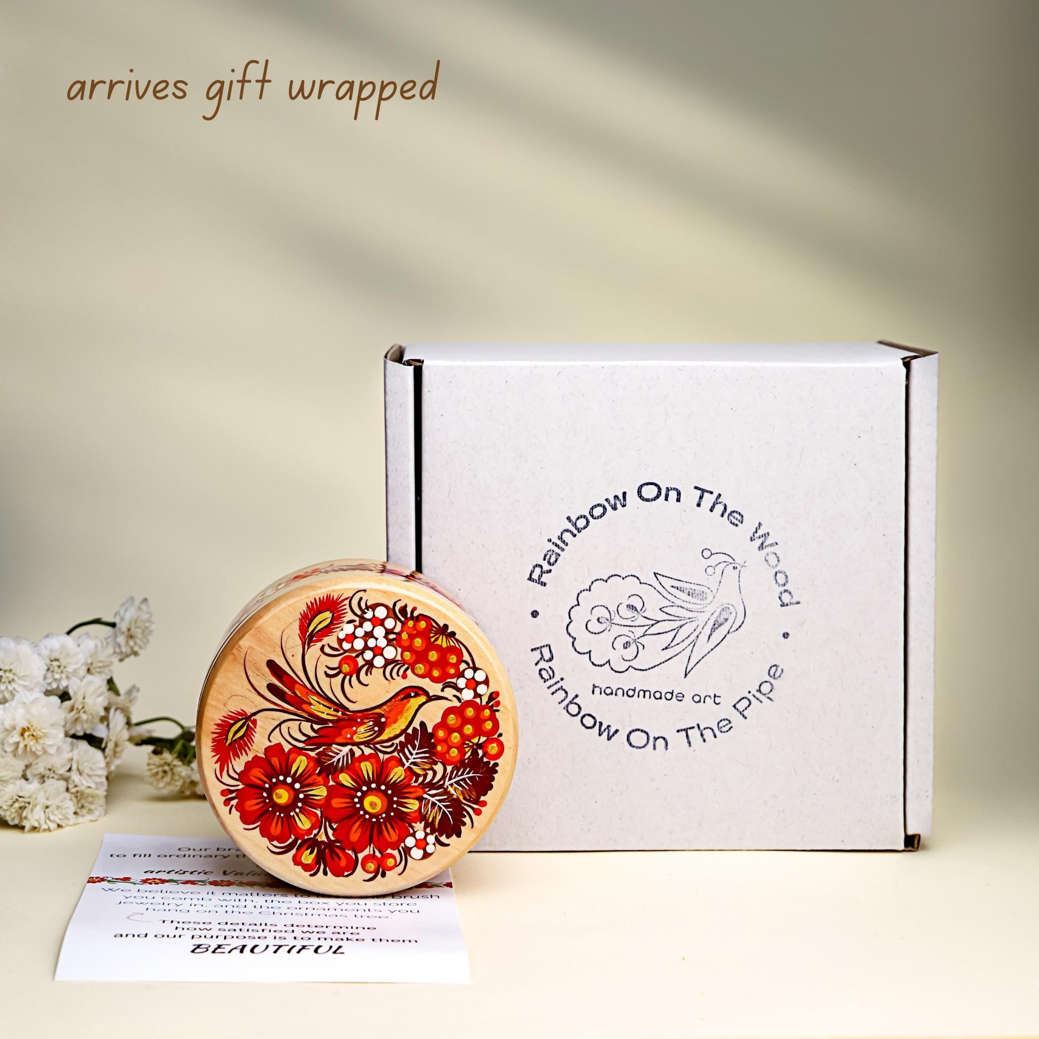 Hand-painted Wooden Hummingbird Jewelry Box with Lid - Ukrainian Petrykivka Art Small Wooden Box - Handmade Red Bird and Flower Box