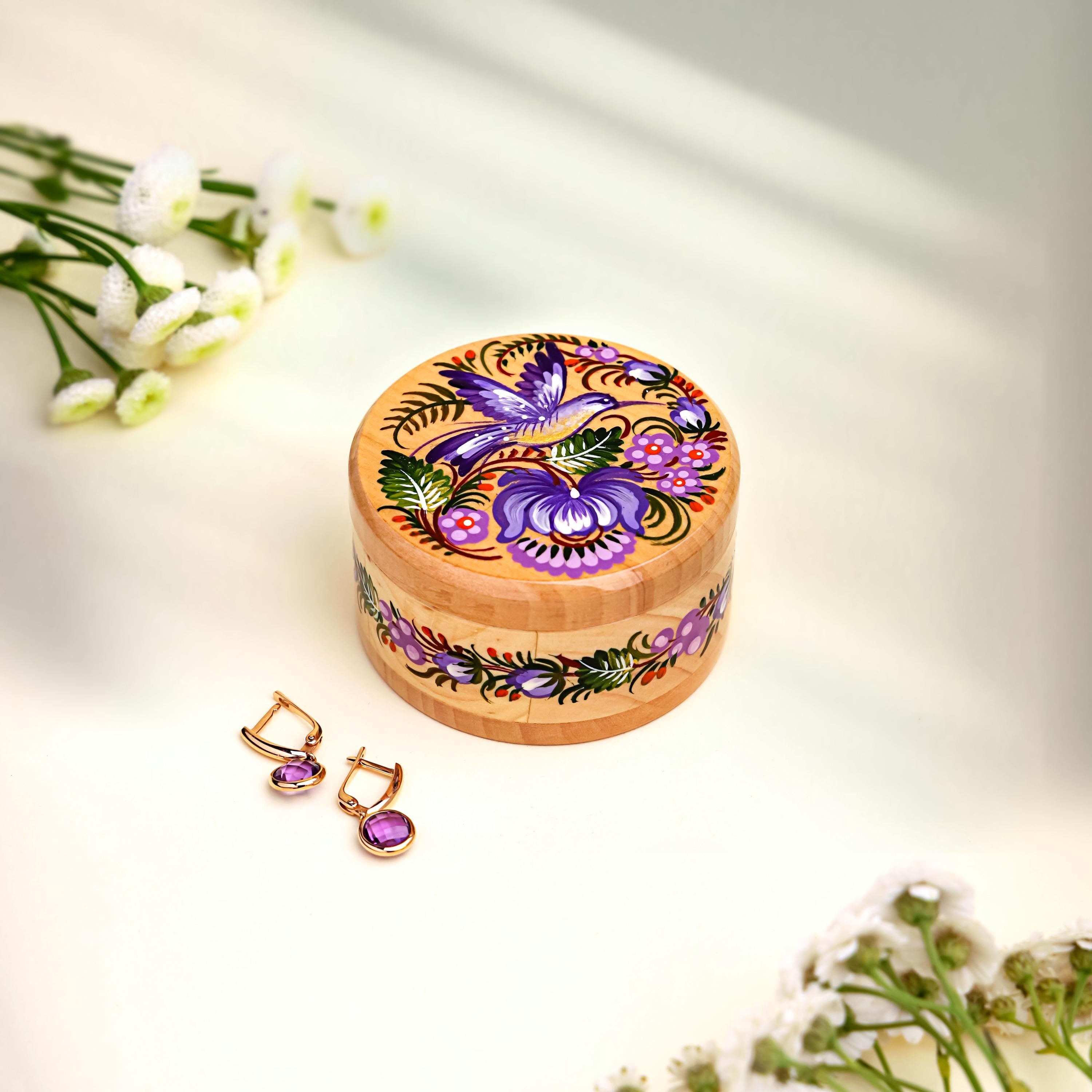 Painted Wooden Hummingbird Jewelry Box - Ukrainian Petrykivka Art Small Wooden Box with Lid - Handmade Purple Bird and Flower Box
