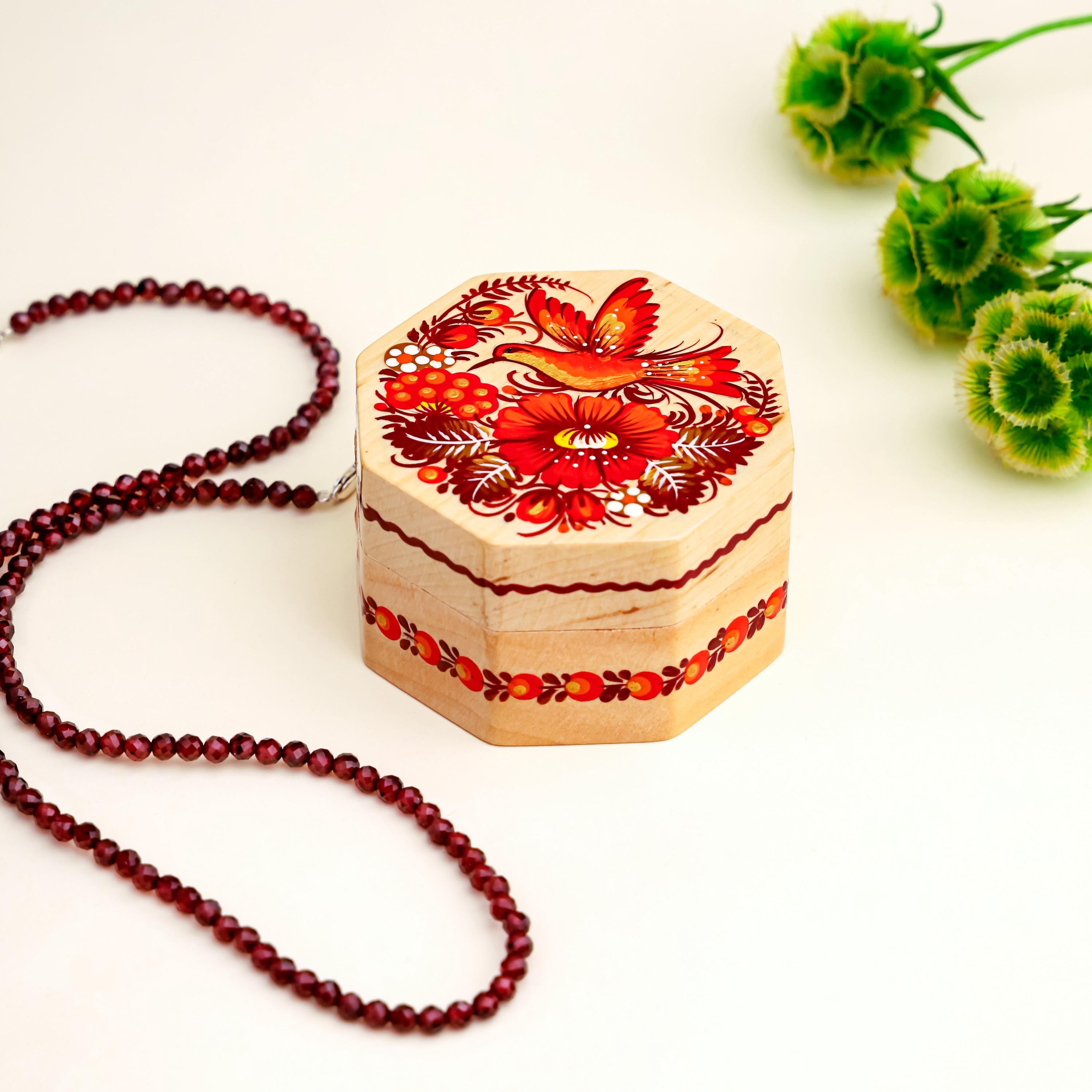 Painted Wooden Hummingbird Box - Handmade Ukrainian Petrykivka Box, Red Flower Octagon Jewelry Box, Small Flocked Interior Keepsake Box