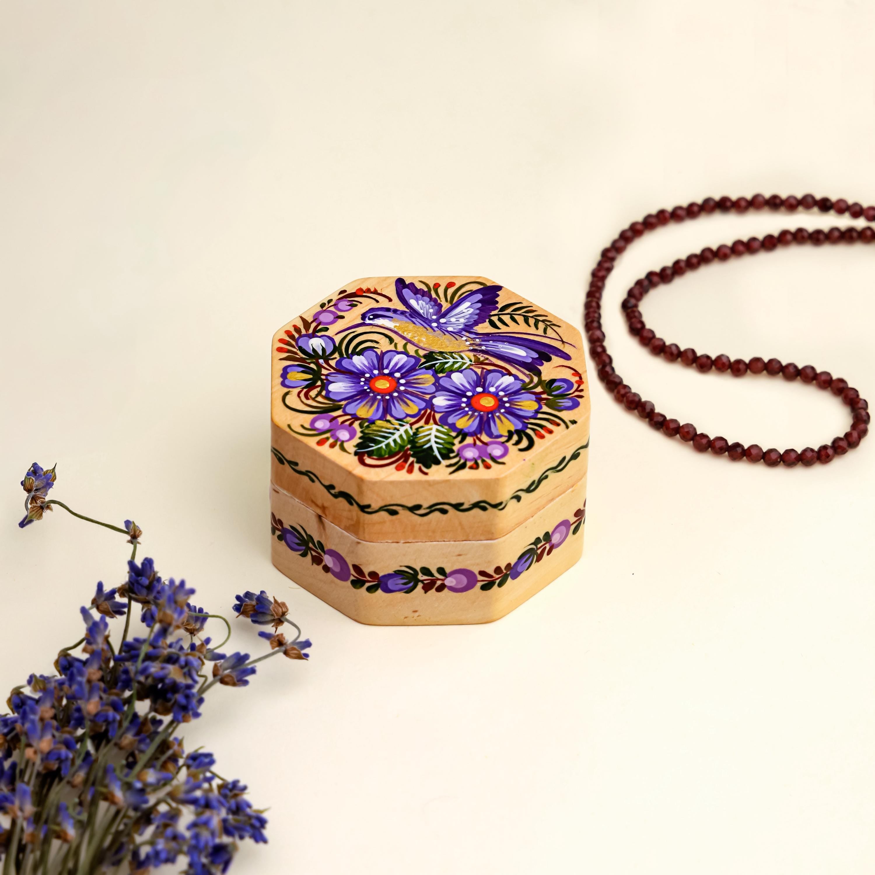 Painted Wooden Hummingbird Jewelry Box - Handmade Ukrainian Petrykivka Box, Purple Flower Octagon Box, Small Flocked Interior Keepsake Box