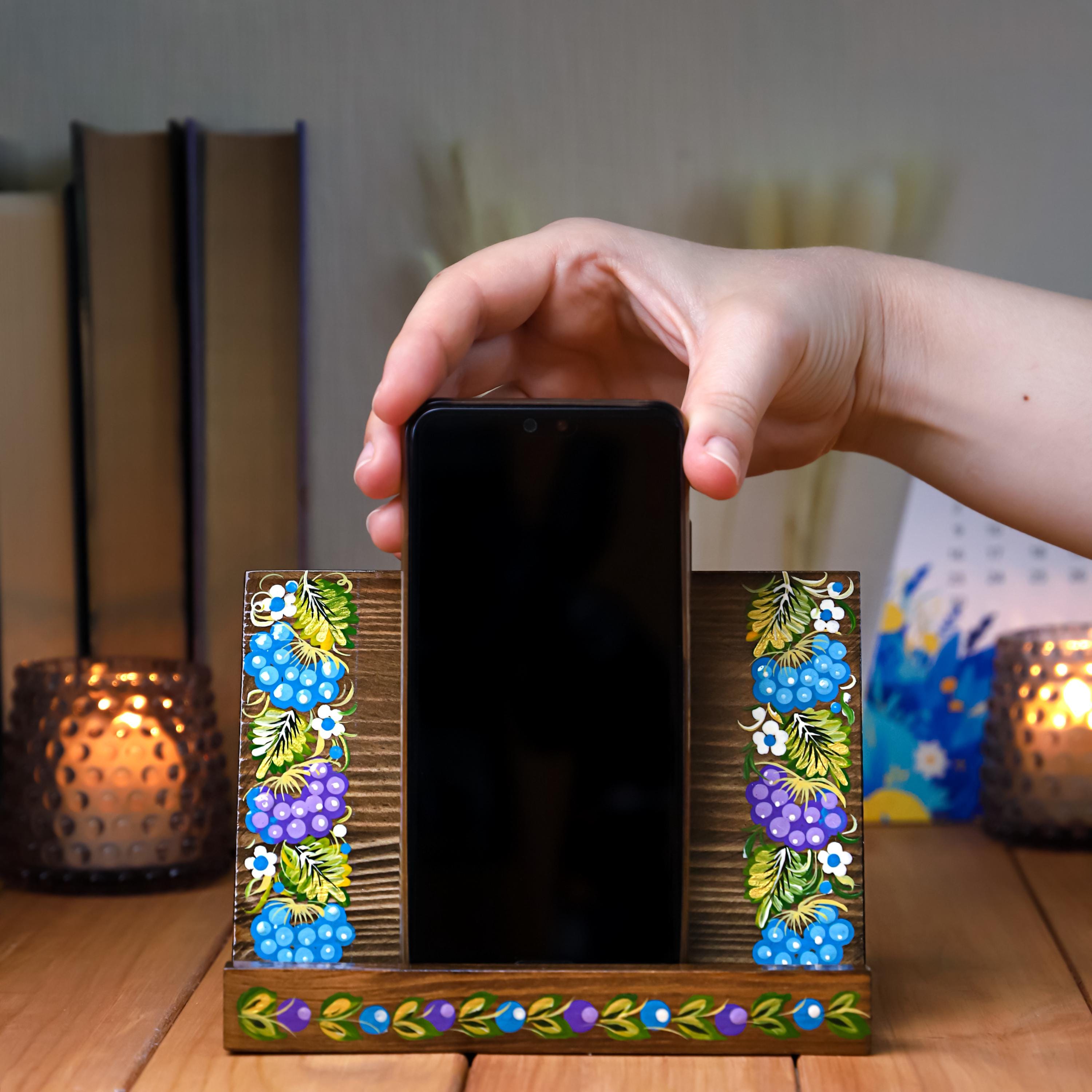 Hand-painted Wooden Phone Stand - Handmade Ukrainian Petrykivka Art Desk Phone Holder, Blue and Purple Flower Desk Decor