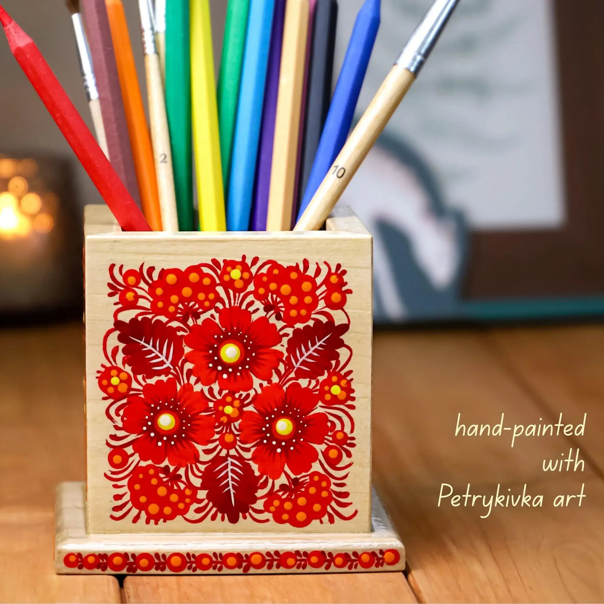 Personalized Wooden Pencil Holder - Hand-painted Petrykivka Art Pen Holder, Handmade Flower Ukrainian Desk Decor, Unique Back to School Gift