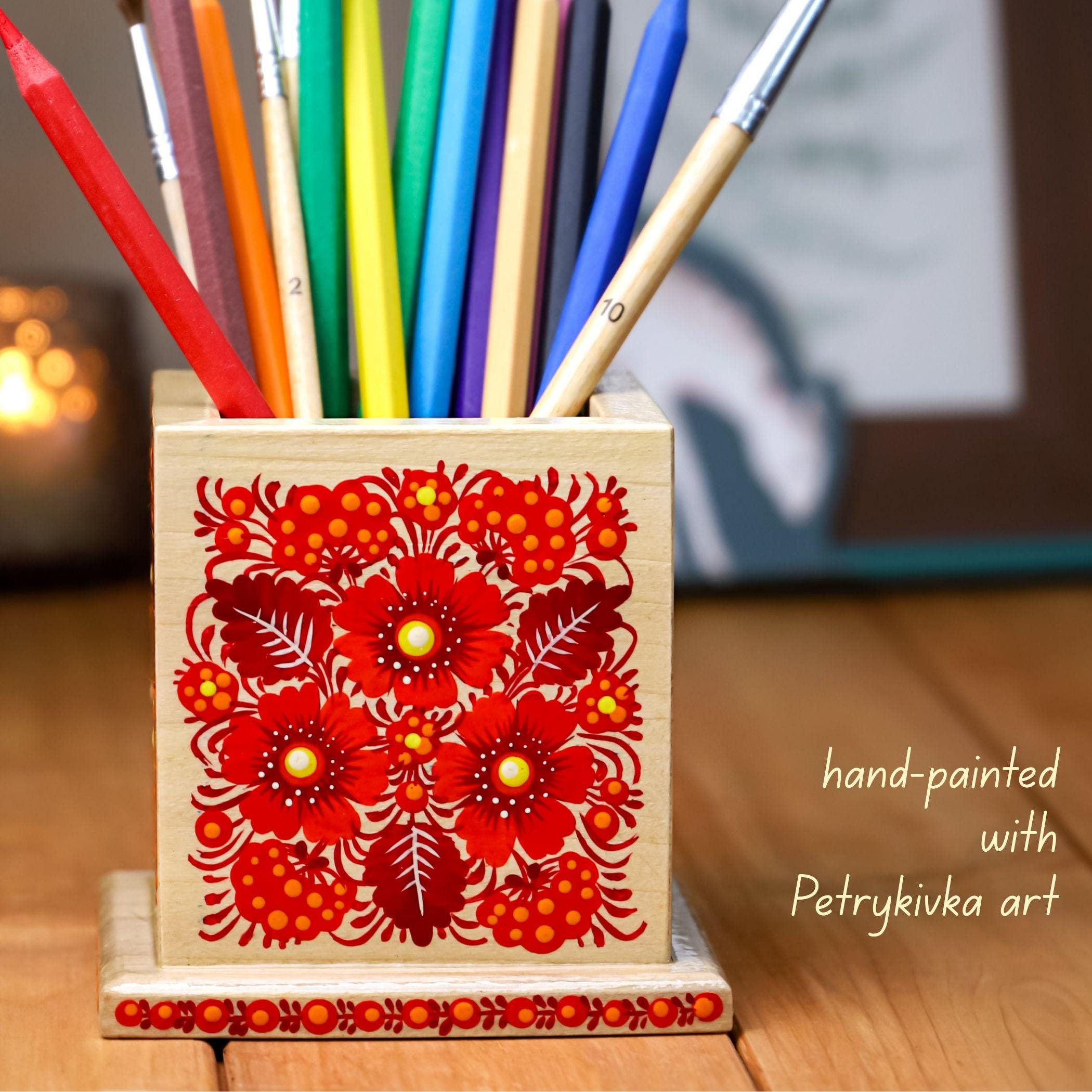 Personalized Wooden Pencil Holder - Hand-painted Petrykivka Art Pen Holder, Red Flower Ukrainian Desk Decor, Unique Back to School Gift
