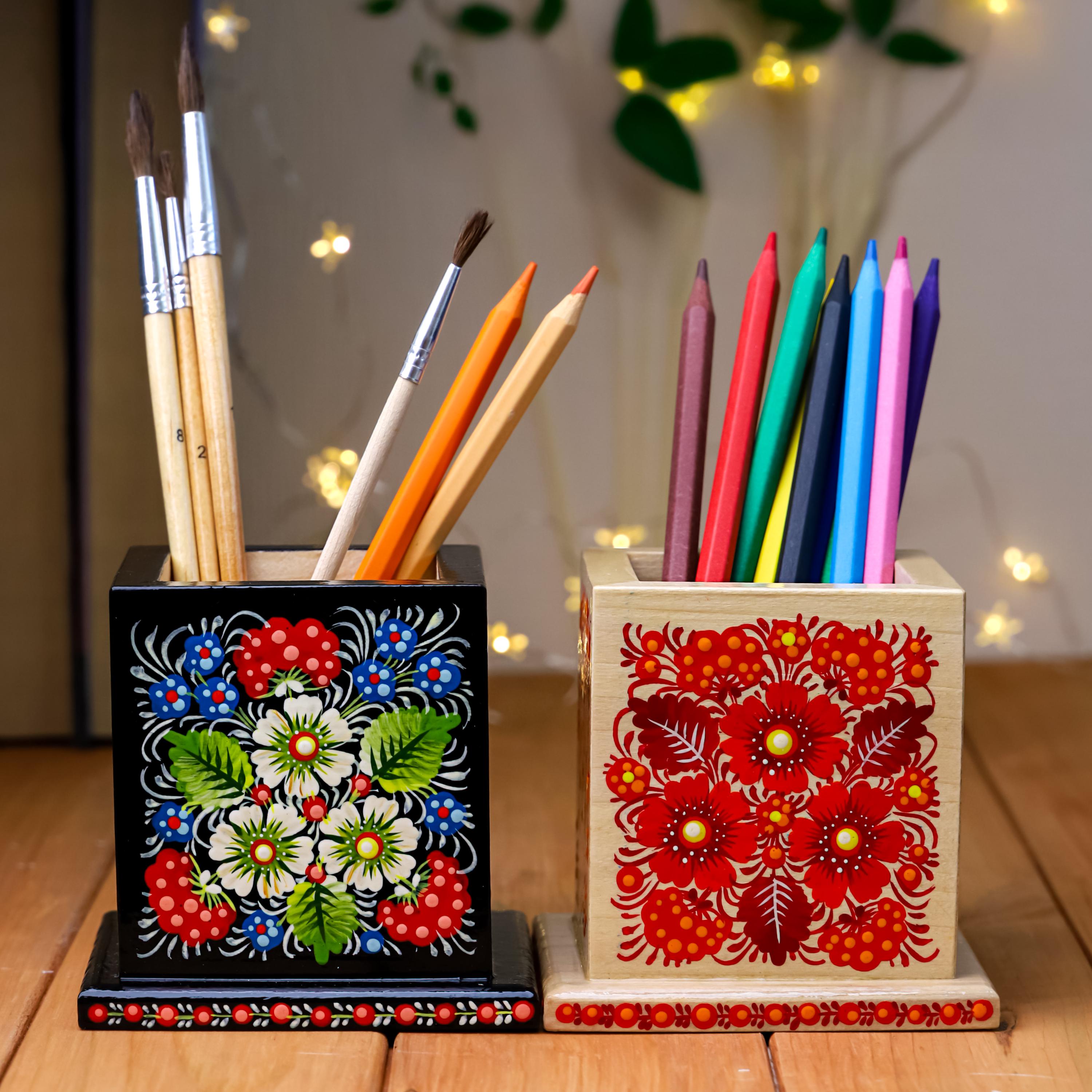 Personalized Wooden Pencil Holder - Hand-painted Petrykivka Art Pen Holder, Red Flower Ukrainian Desk Decor, Unique Back to School Gift