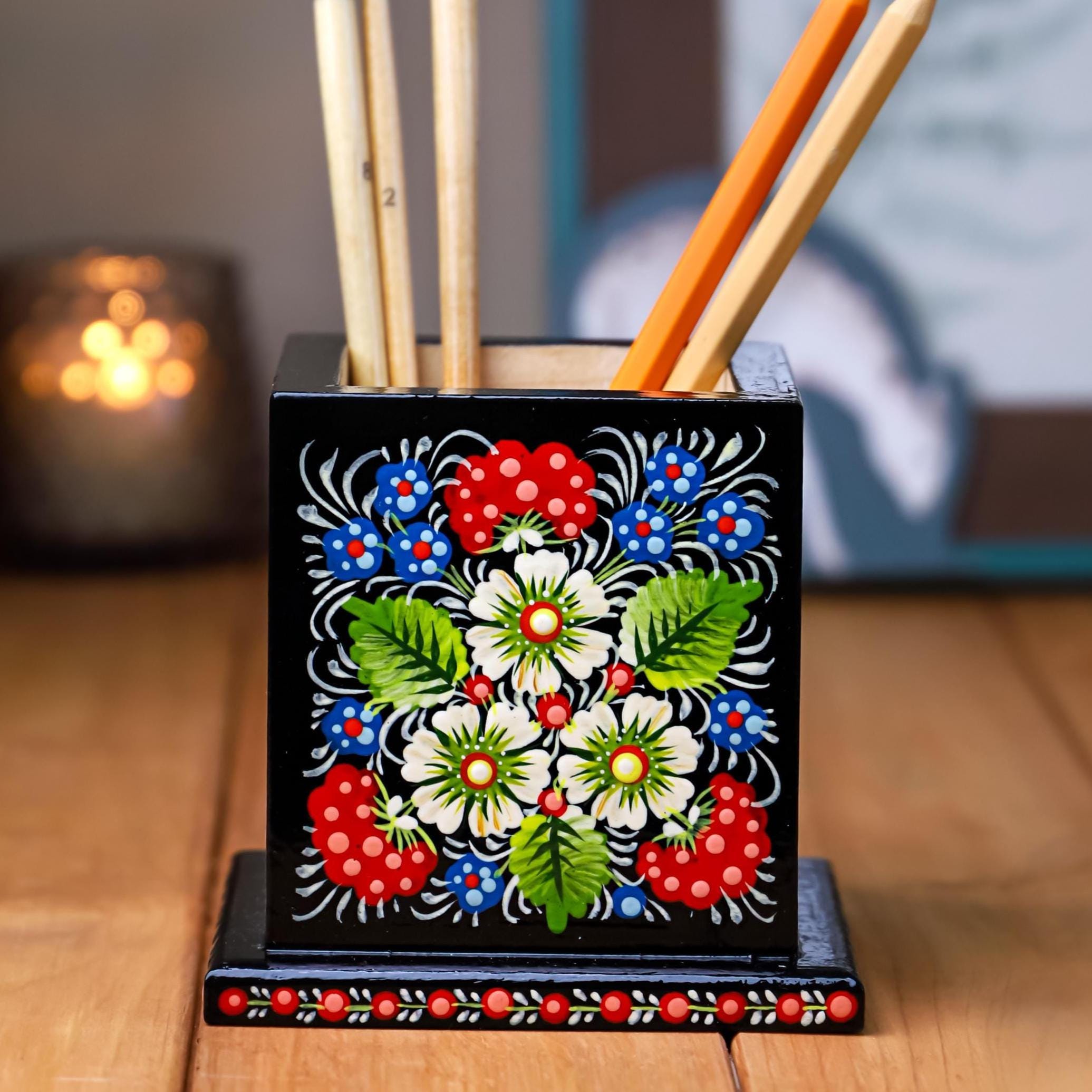 Personalized Wooden Pencil Holder - Hand-painted Petrykivka Art Pen Holder, Red Flower Ukrainian Desk Decor, Unique Back to School Gift