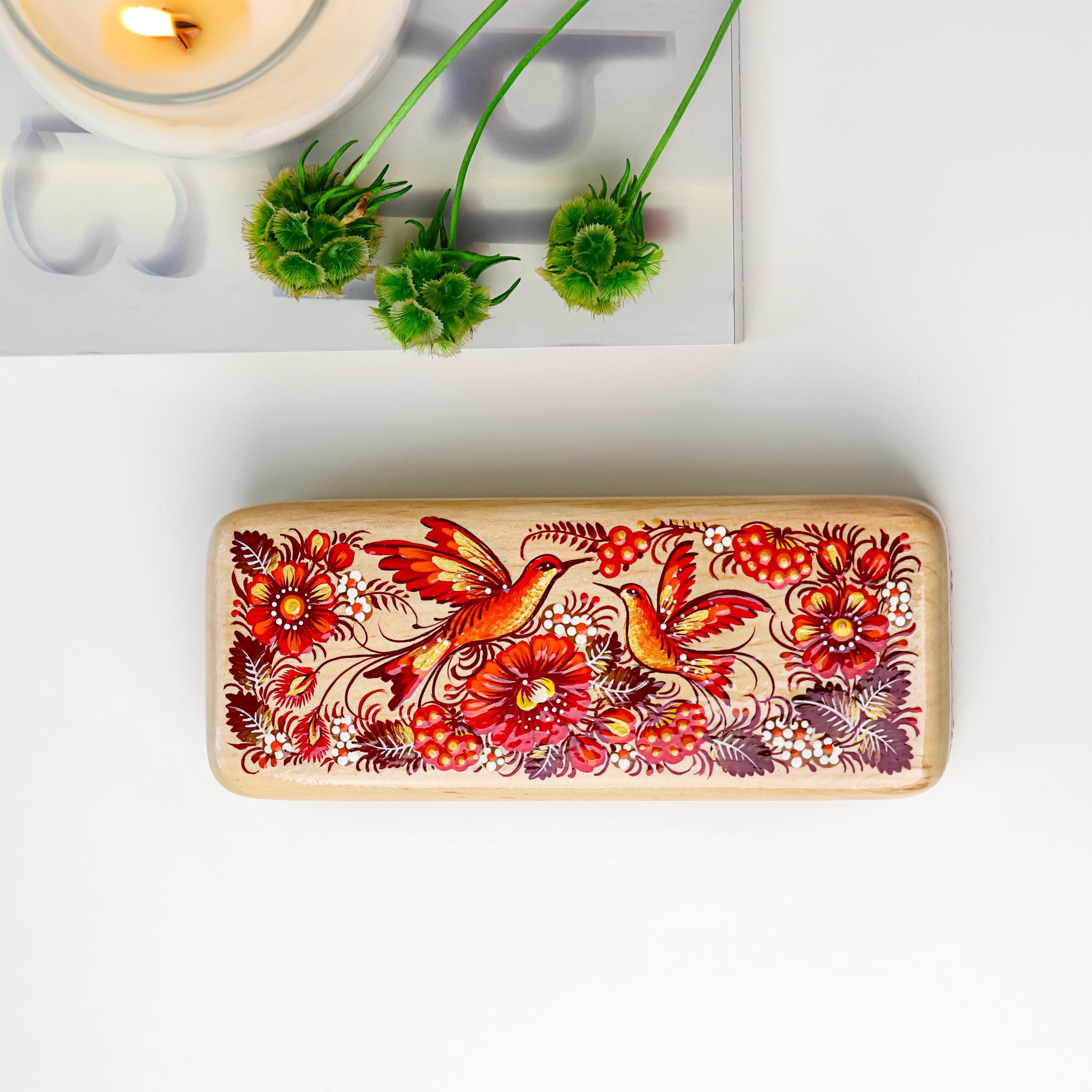 Hand-painted Wooden Glasses Case - Red Flower Hummingbird Eyeglasses Case, Ukrainian Petrykivka Folk Art Glass Case, High End Handmade Gift
