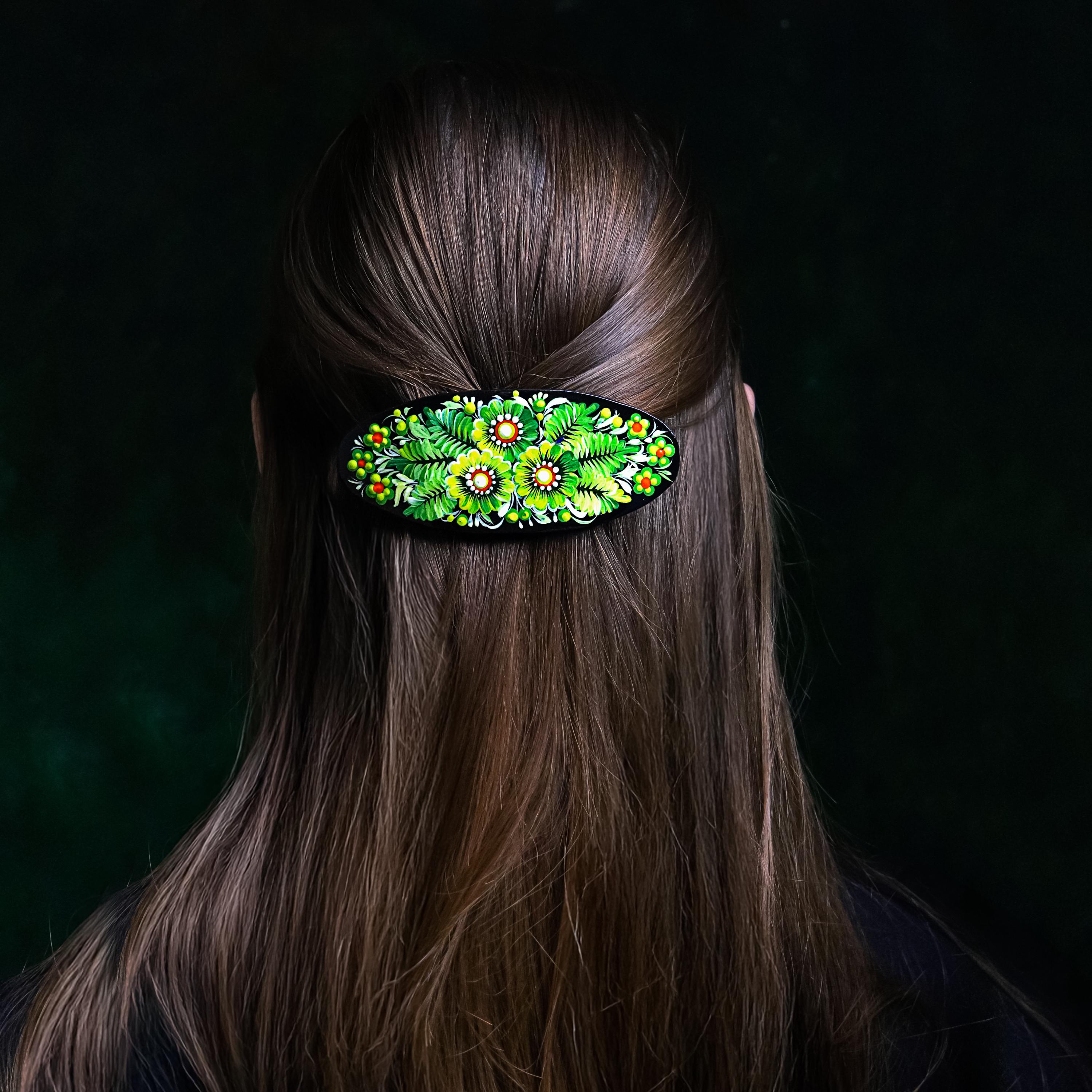 Handmade Painted Wooden Hair Barrette - Large Oval Green Flower Hair Clip - Petrykivka Folk Art Barrette for Women