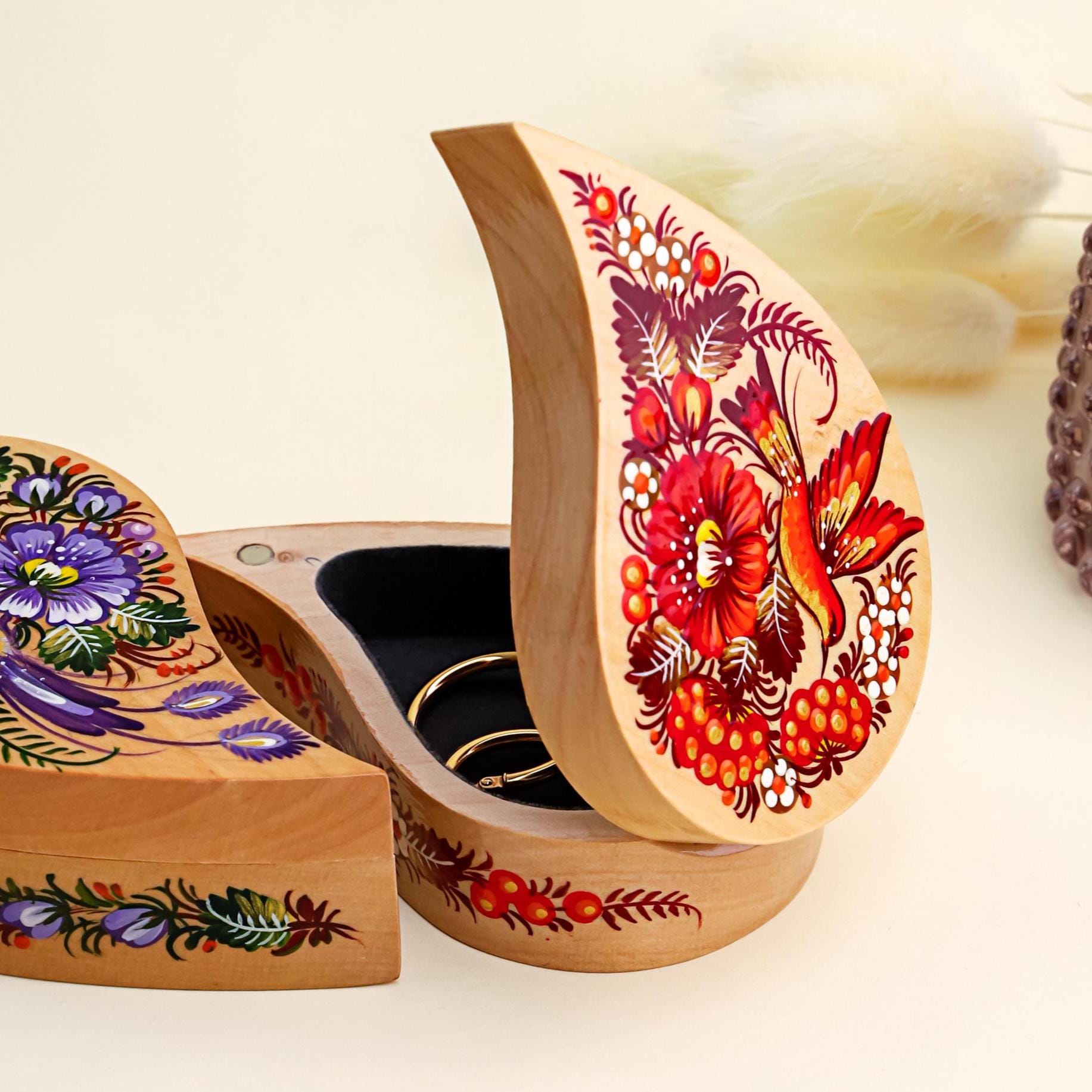 Hand-Painted Wooden Hummingbird Jewelry Box - Handmade Ukrainian Petrykivka Box, Red Flower Leaf-shaped Box, Small Flocked Interior Box