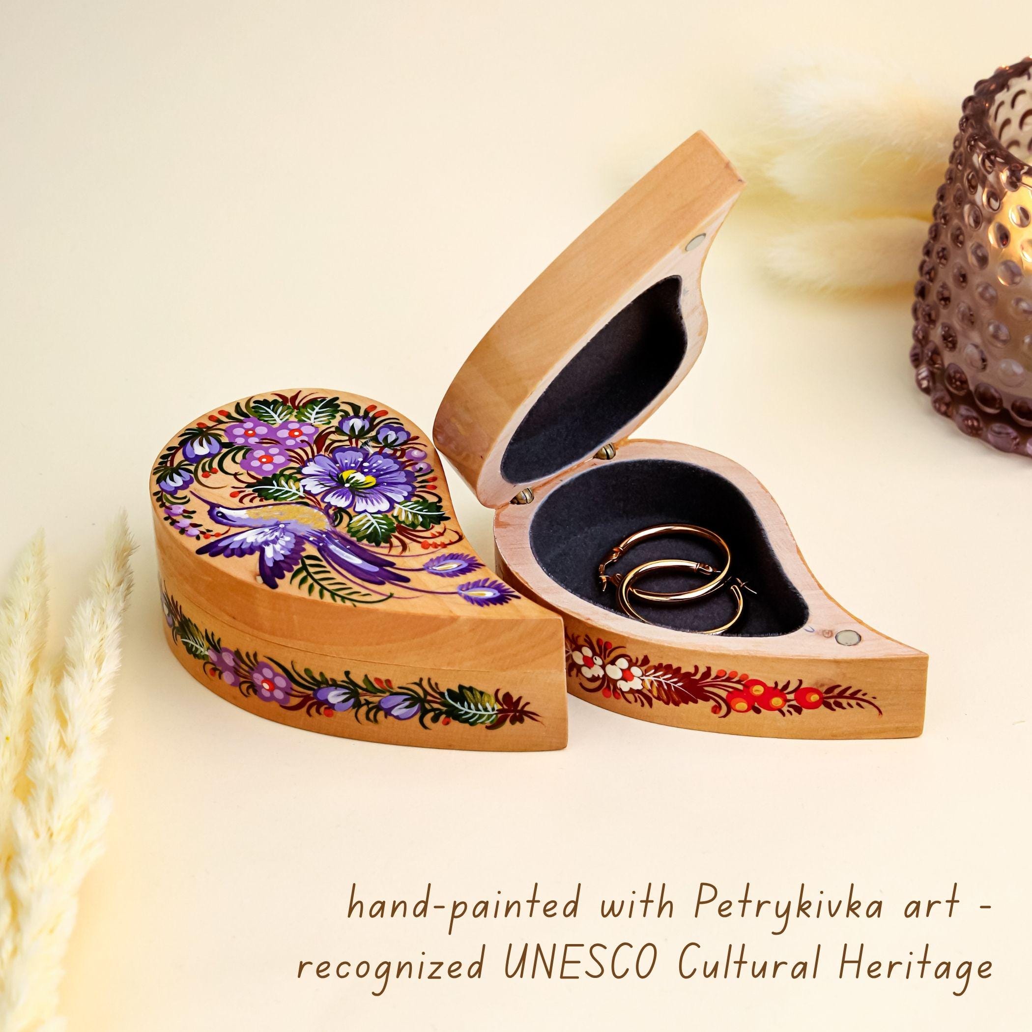 Painted Wooden Hummingbird Jewelry Box - Handmade Ukrainian Petrykivka Box, Purple Flower Leaf-shaped Box, Small Flocked Keepsake Box