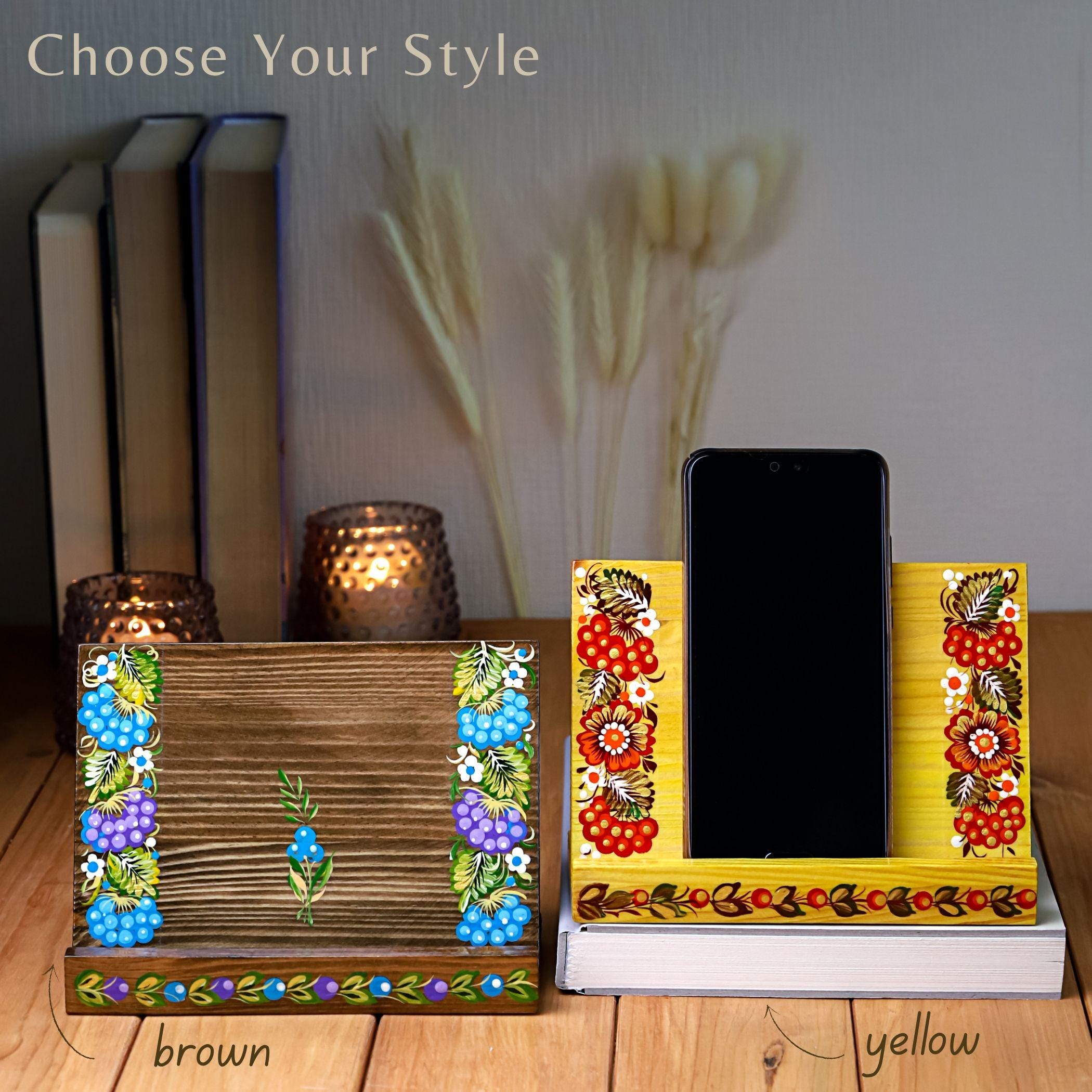 Hand-painted Wooden Phone Stand - Handmade Ukrainian Petrykivka Art Desk Phone Holder, Blue and Purple Flower Desk Decor
