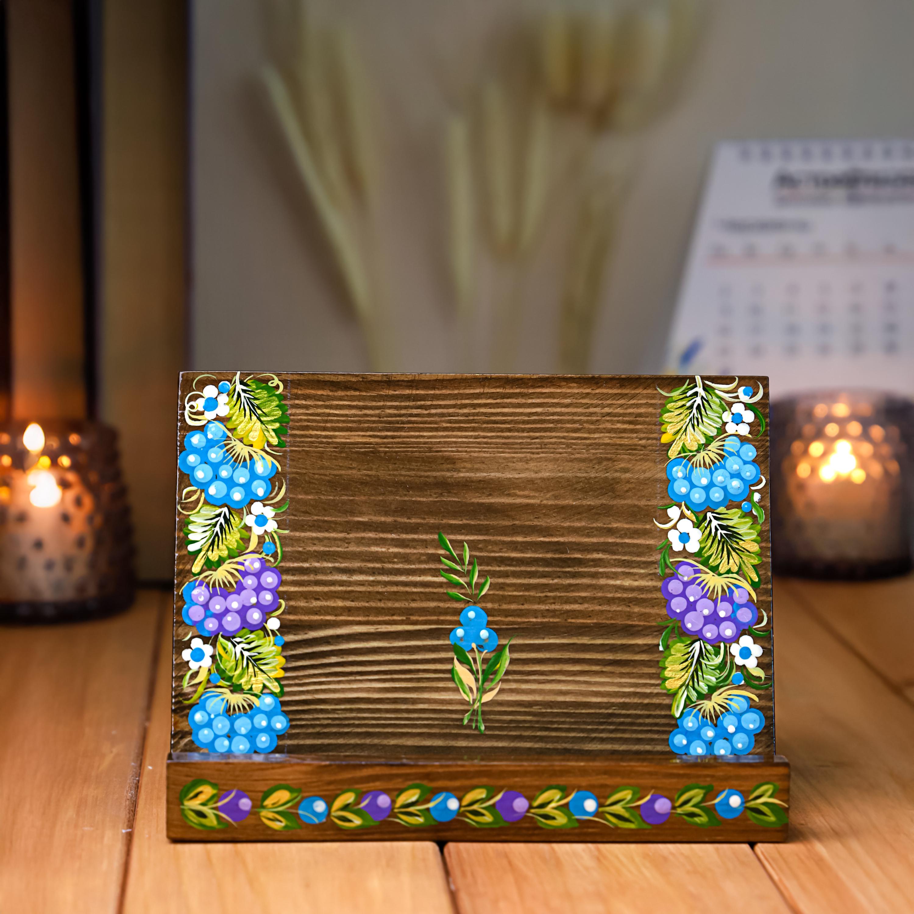 Hand-painted Wooden Phone Stand - Handmade Ukrainian Petrykivka Art Desk Phone Holder, Blue and Purple Flower Desk Decor