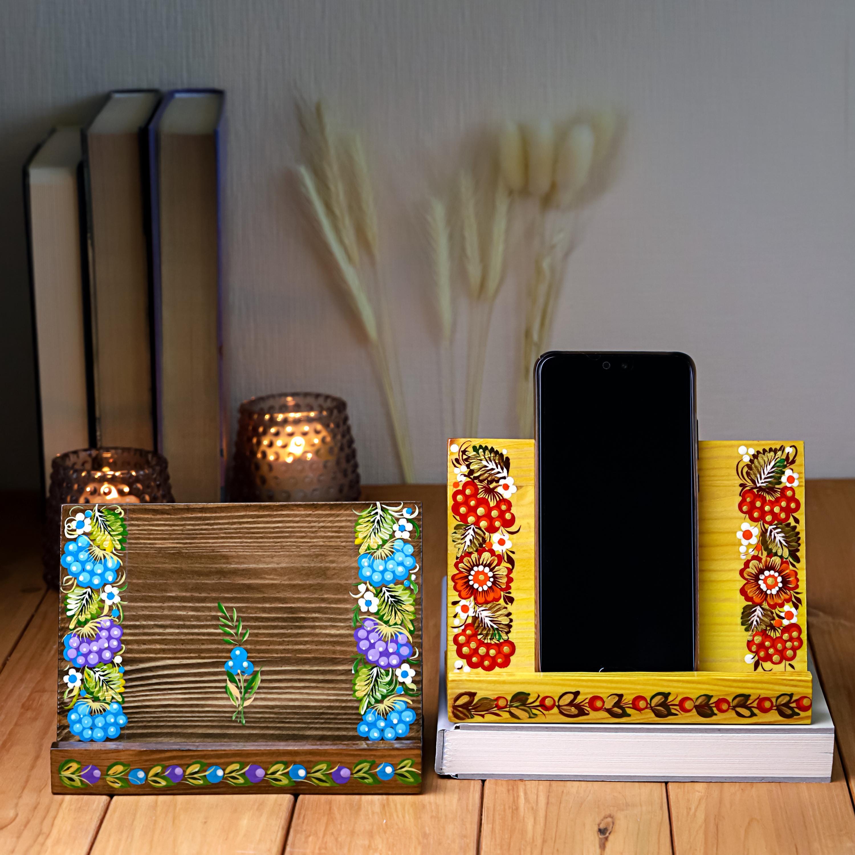 Hand-painted Wooden Phone Stand - Handmade Ukrainian Petrykivka Art Desk Phone Holder, Blue and Purple Flower Desk Decor