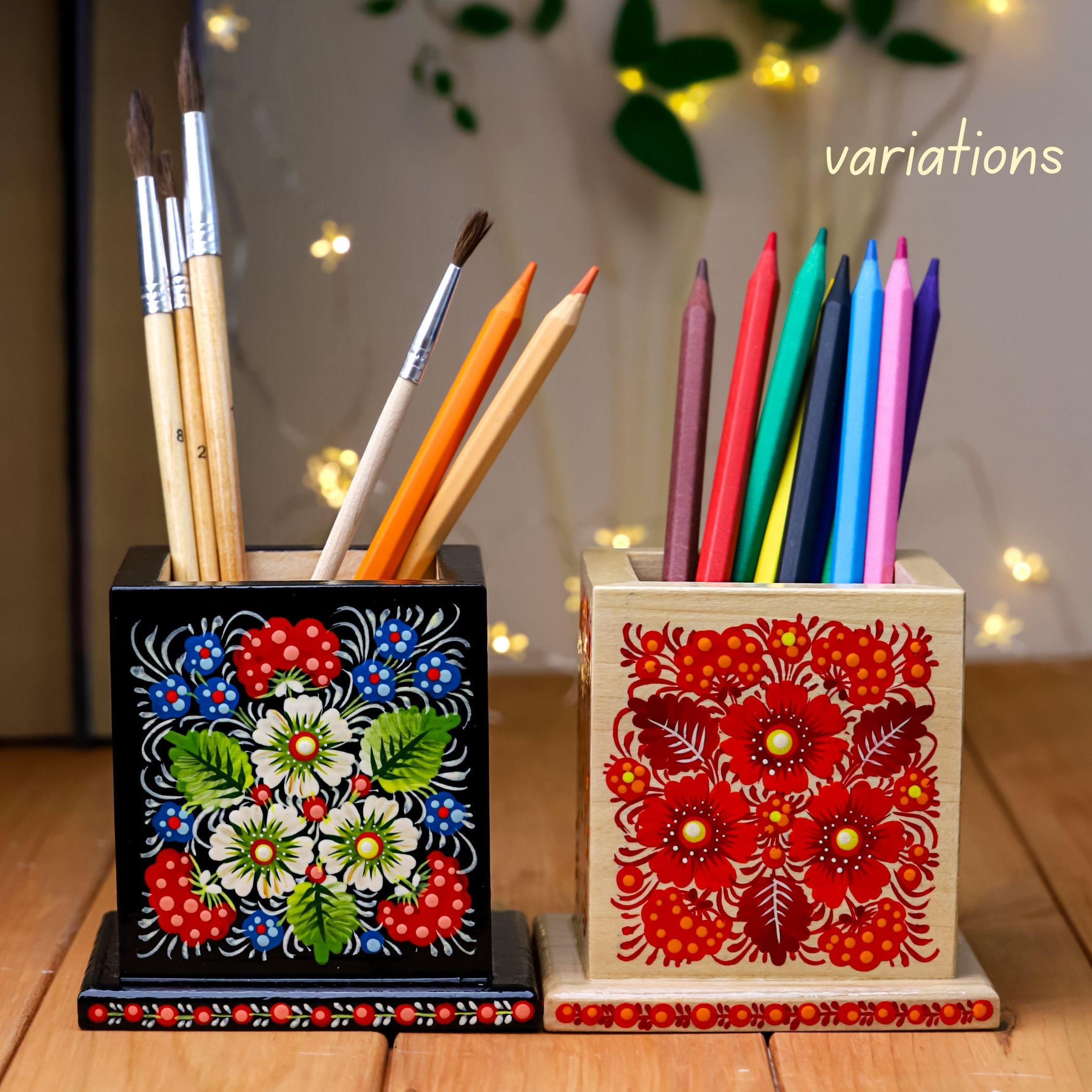 Personalized Wooden Pencil Holder - Hand-painted Petrykivka Art Pen Holder, Red Flower Ukrainian Desk Decor, Unique Back to School Gift