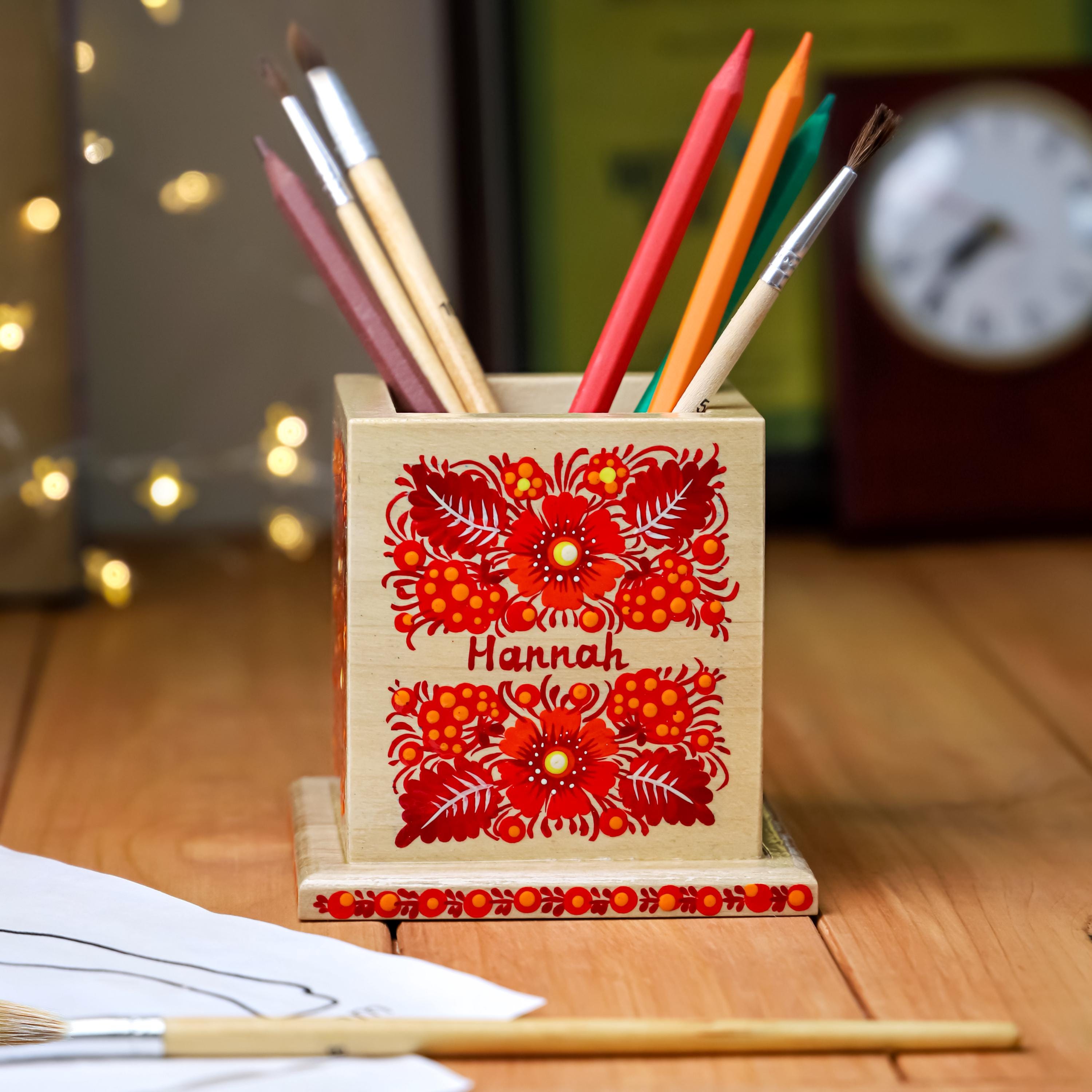 Personalized Wooden Pencil Holder - Hand-painted Petrykivka Art Pen Holder, Red Flower Ukrainian Desk Decor, Unique Back to School Gift