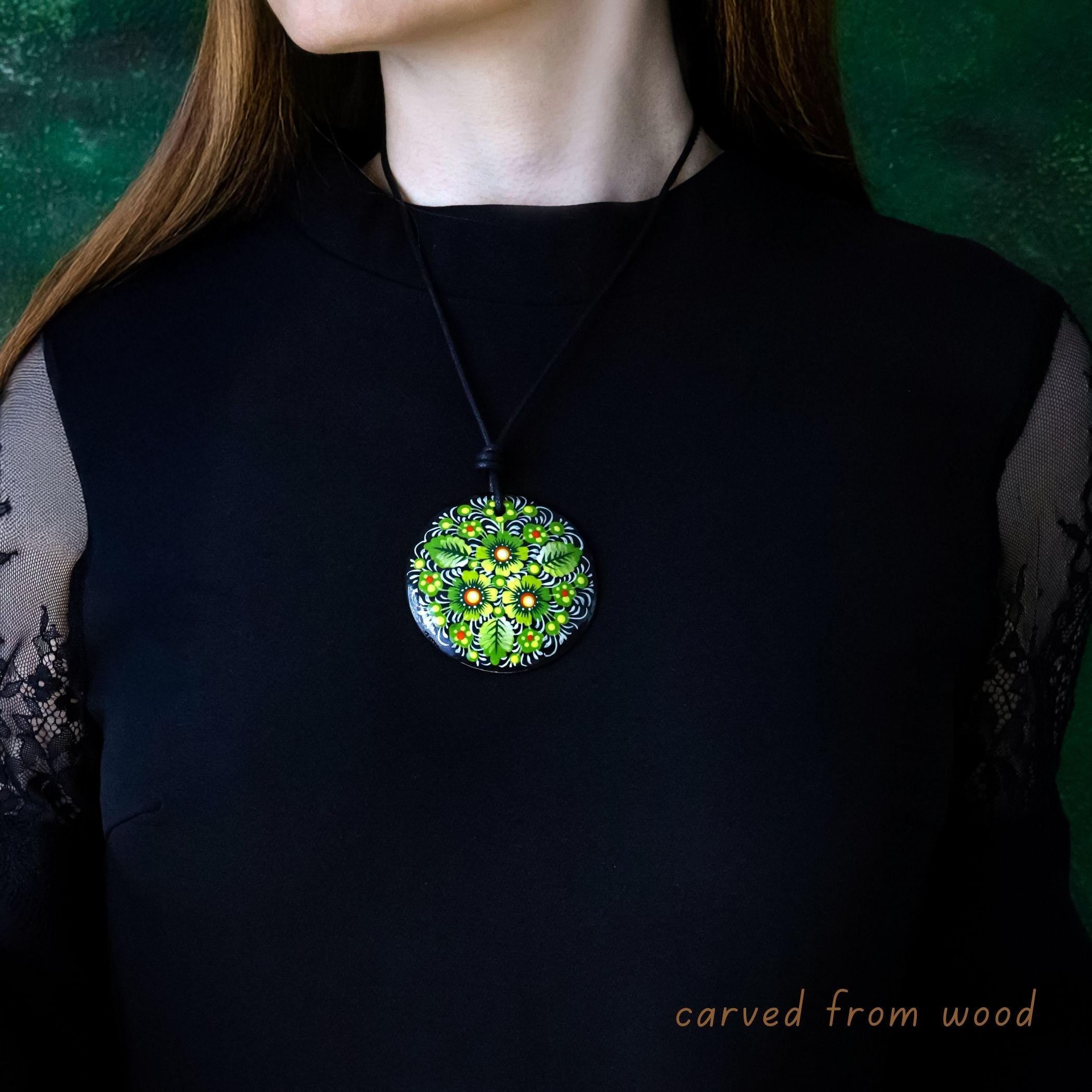 Painted Wooden Pendant Necklace - Green Flower Petrykivka Necklace, Large Round Ukrainian Statement Necklace, Folk Medallion for Women