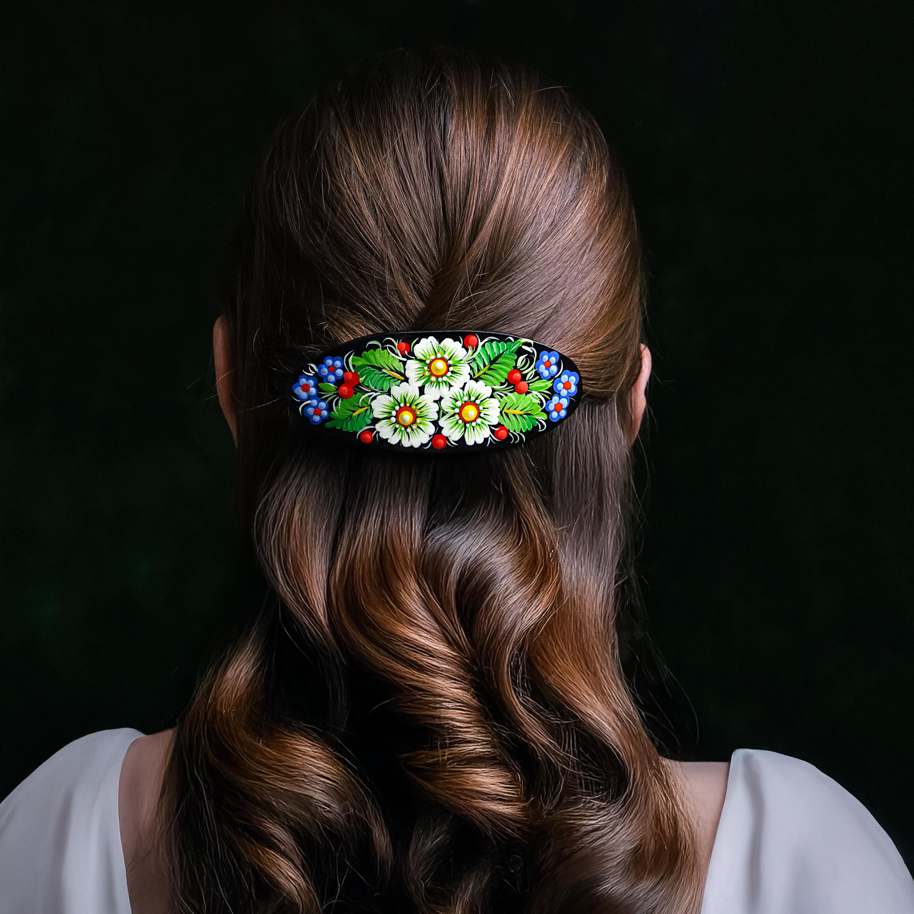 Painted Wooden Hair Barrette - Handmade Ukrainian Petrykivka Daisy Barrette for Women - Large Oval Flower Hair Clip