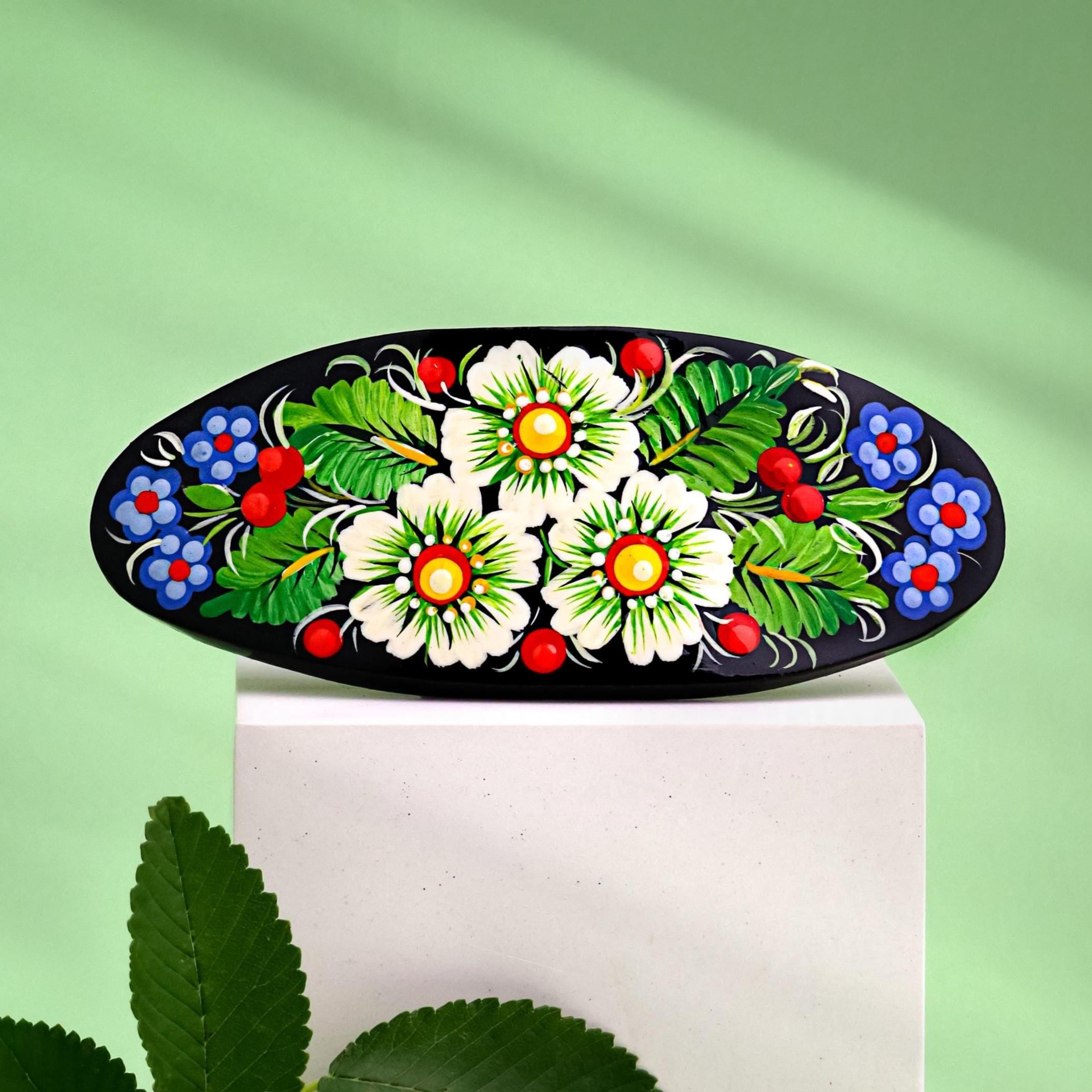 Painted Wooden Hair Barrette - Handmade Ukrainian Petrykivka Daisy Barrette for Women - Large Oval Flower Hair Clip