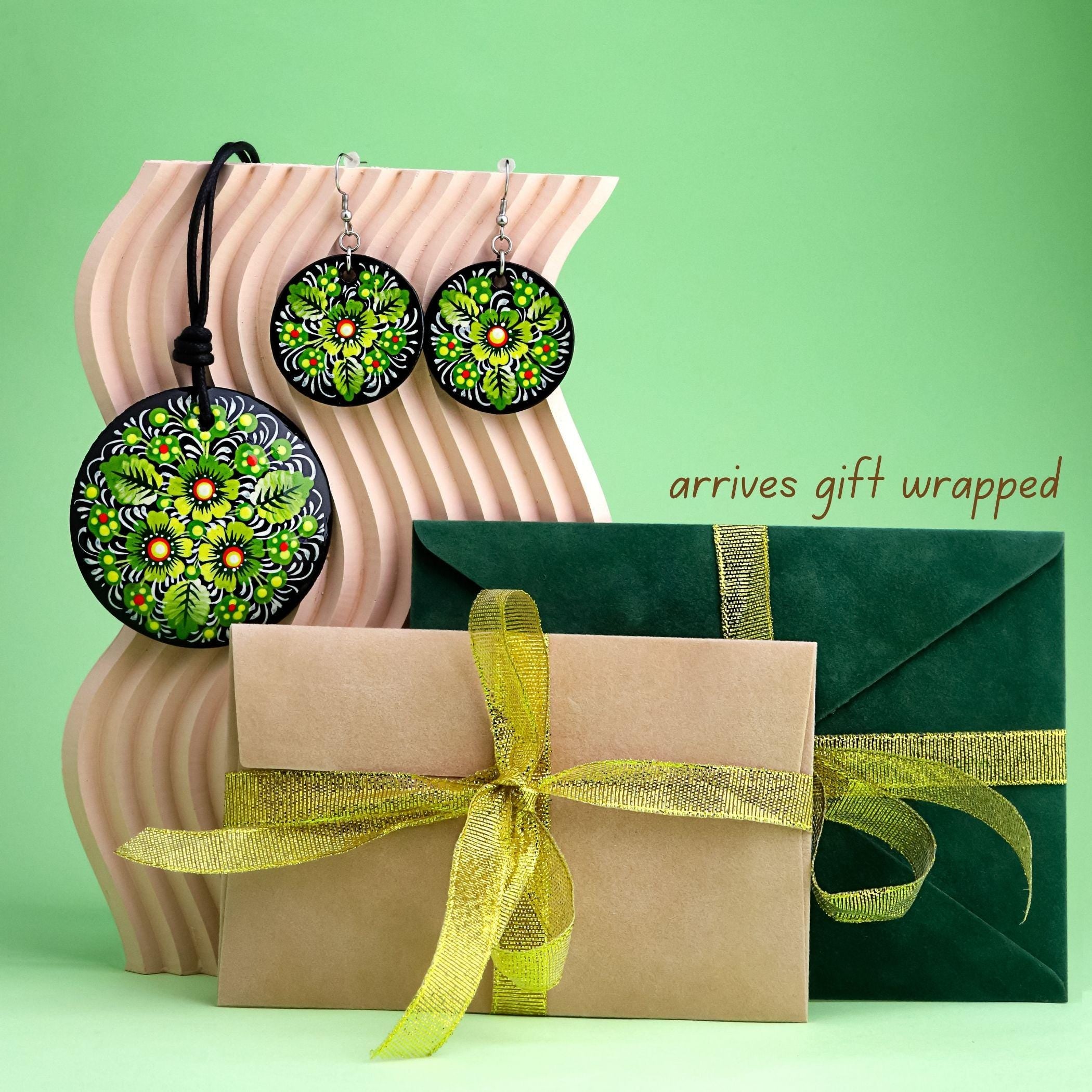 Painted Wooden Pendant Necklace - Green Flower Petrykivka Necklace, Large Round Ukrainian Statement Necklace, Folk Medallion for Women