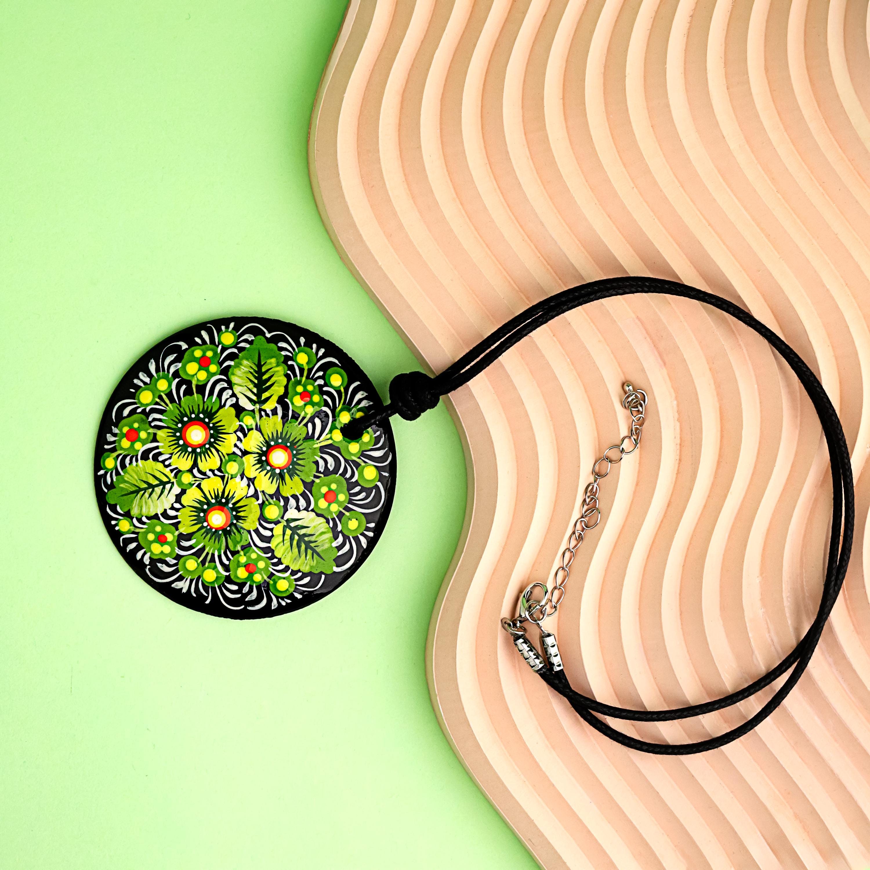 Painted Wooden Pendant Necklace - Green Flower Petrykivka Necklace, Large Round Ukrainian Statement Necklace, Folk Medallion for Women