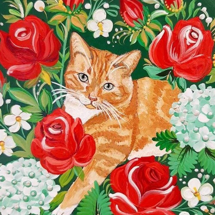 Hand-Painted Pet Portrait From Photo on Wooden Plate - Ukrainian Petrykivka Art with Roses & Hydrangeas