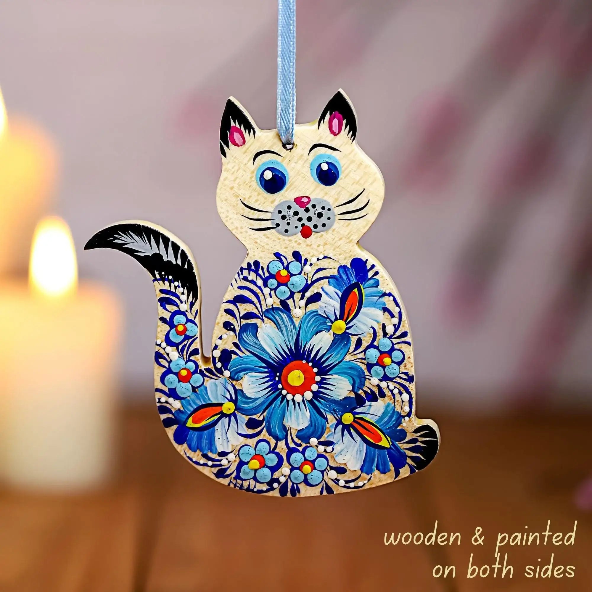 Personalized Painted Wooden Cat Ornament - Ukrainian Petrykivka Folk Art Christmas Tree Decoration