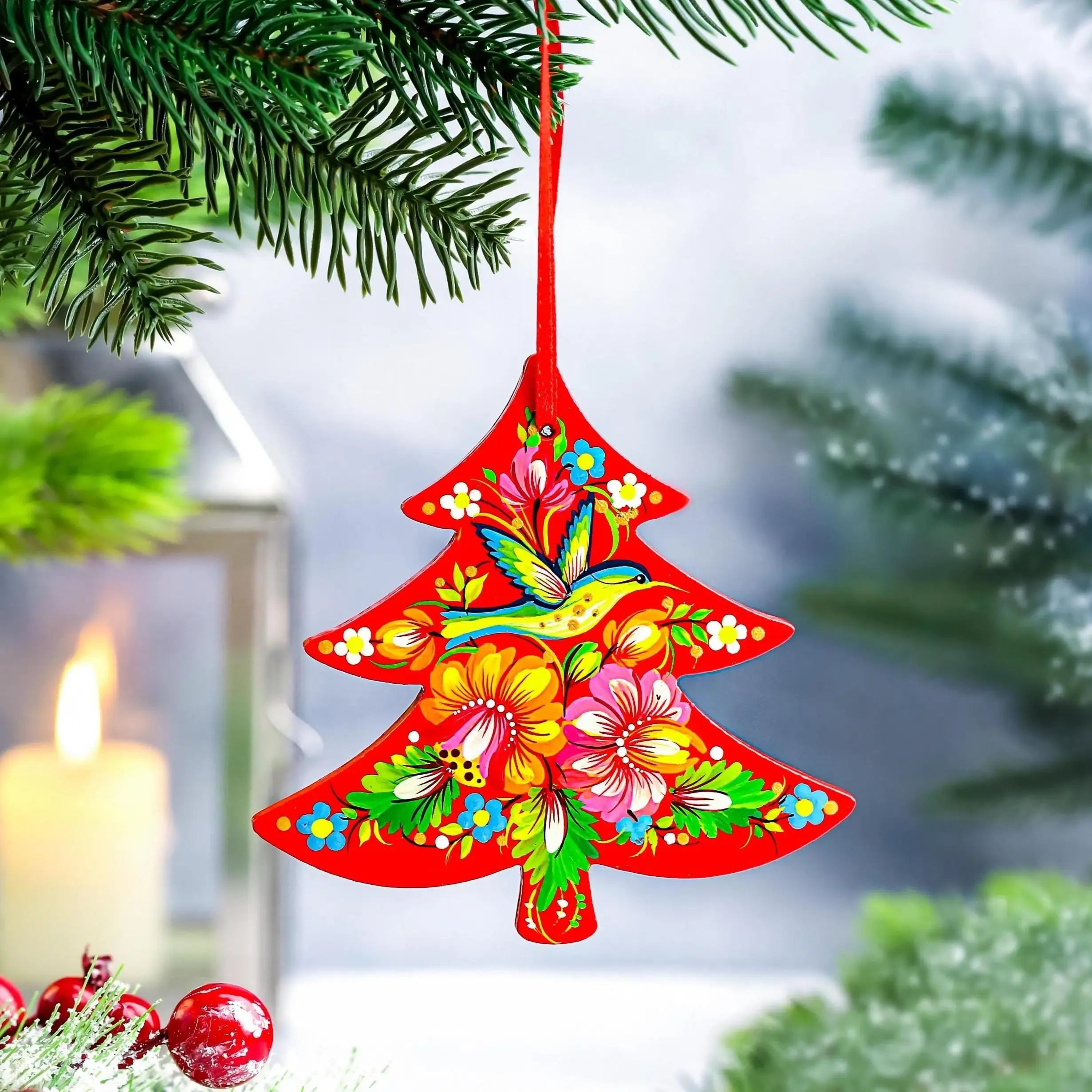 Painted Wooden Hummingbird Christmas Ornament - Red Flower Christmas Tree with Ukrainian Petrykivka Folk Art, Personalized Gift