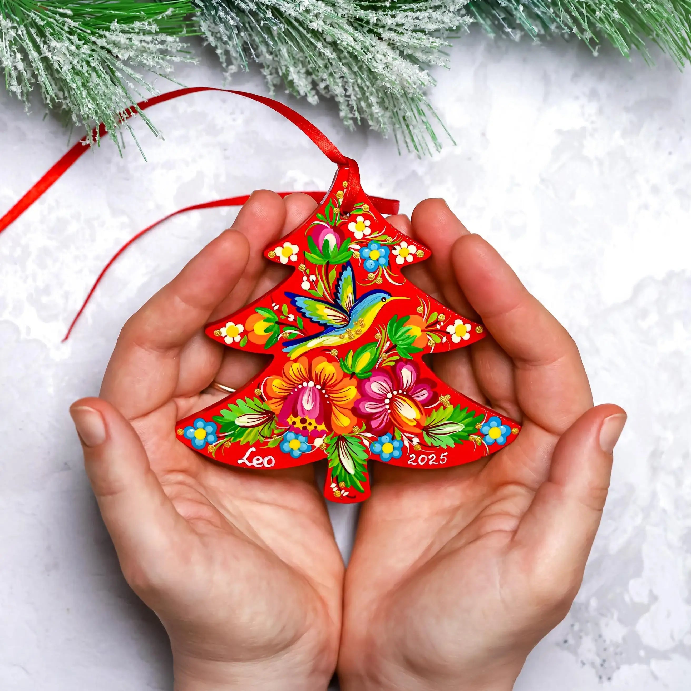 Personalized Wooden Hummingbird Ornament - Painted Red Flower Christmas Tree with Ukrainian Petrykivka Folk Art, Personalized Gift