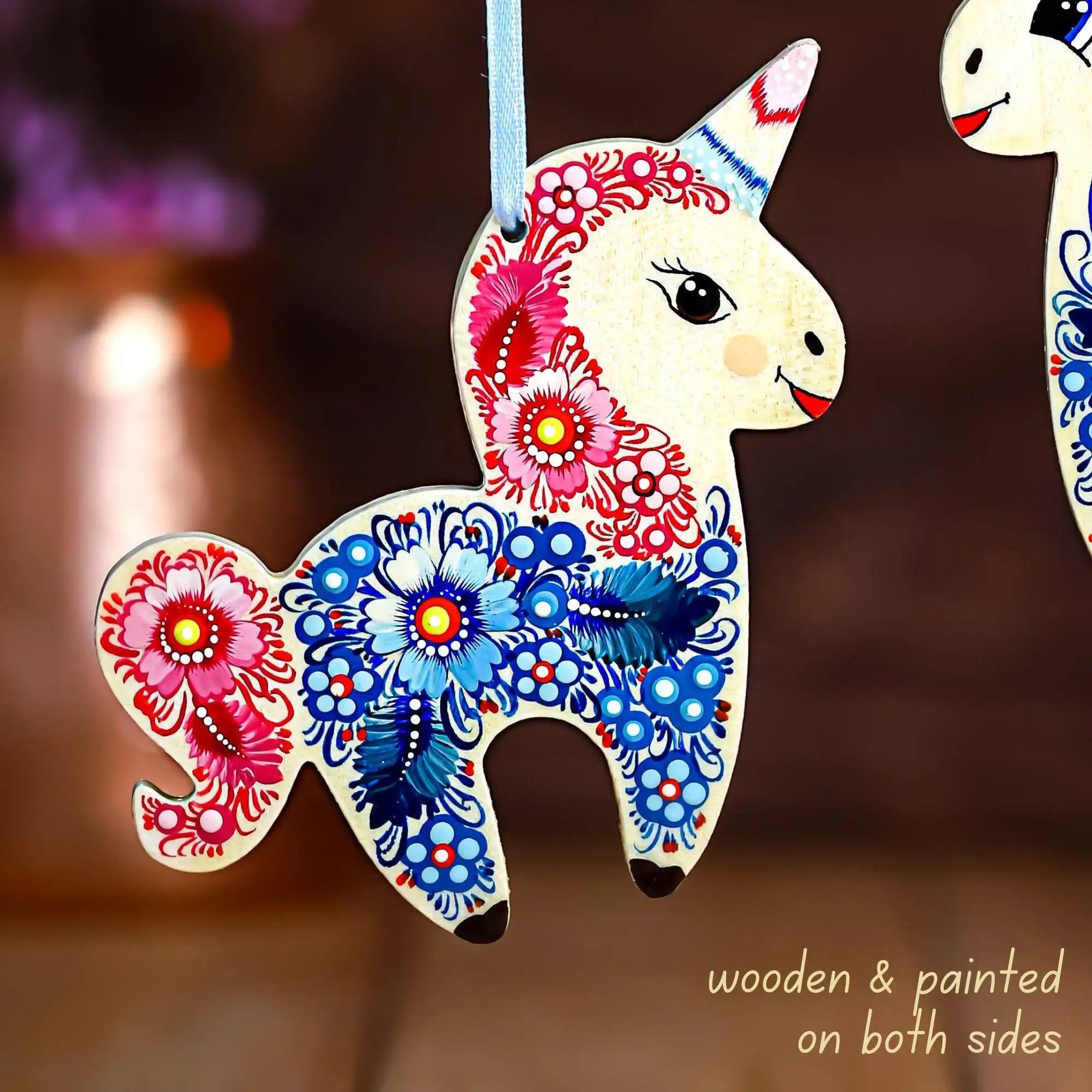 Painted Wooden Unicorn Ornament - Handmade Christmas Tree Decoration with Ukrainian Petrykivka Folk Art, Personalized Gift