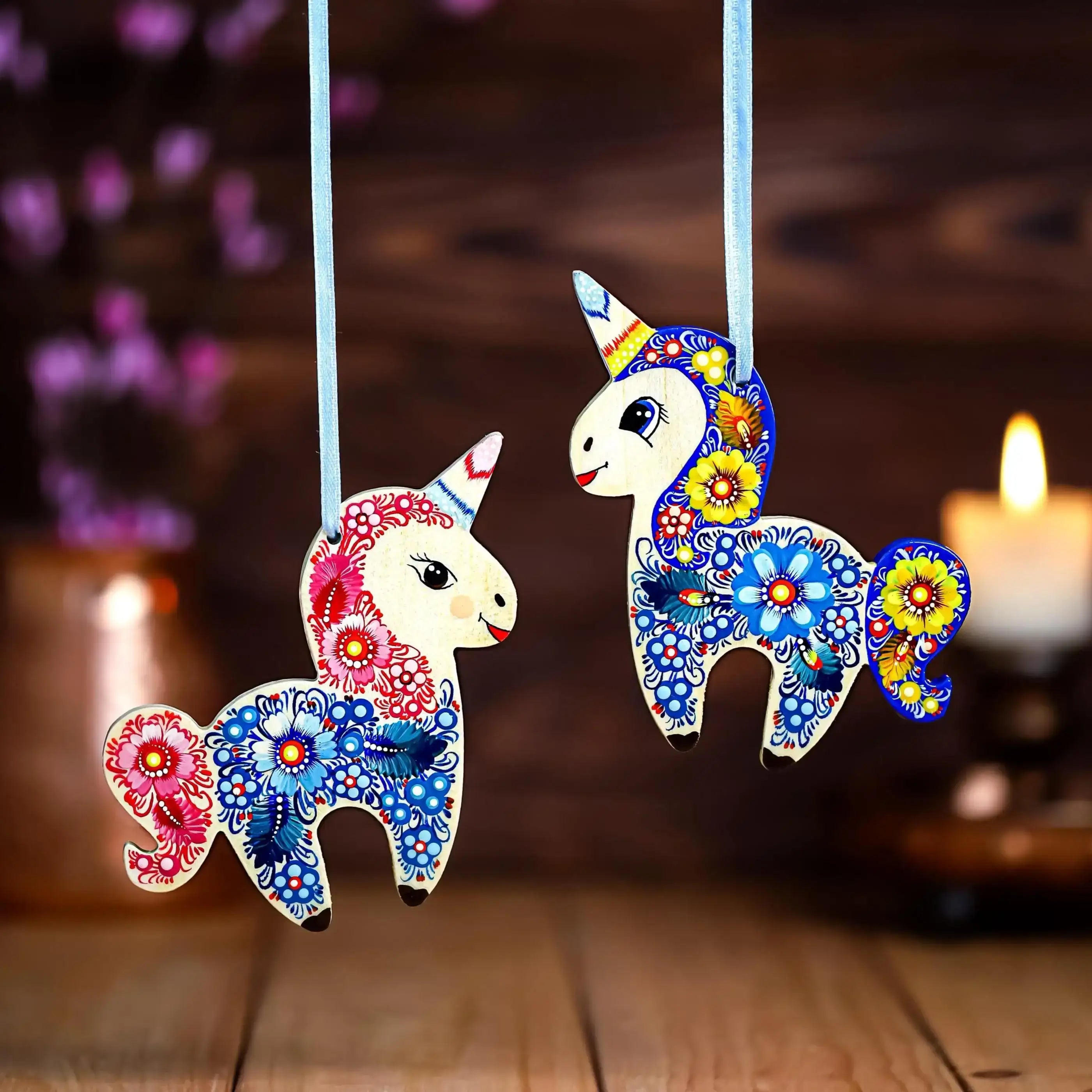 Painted Wooden Unicorn Ornament - Handmade Christmas Tree Decoration with Ukrainian Petrykivka Folk Art, Personalized Gift