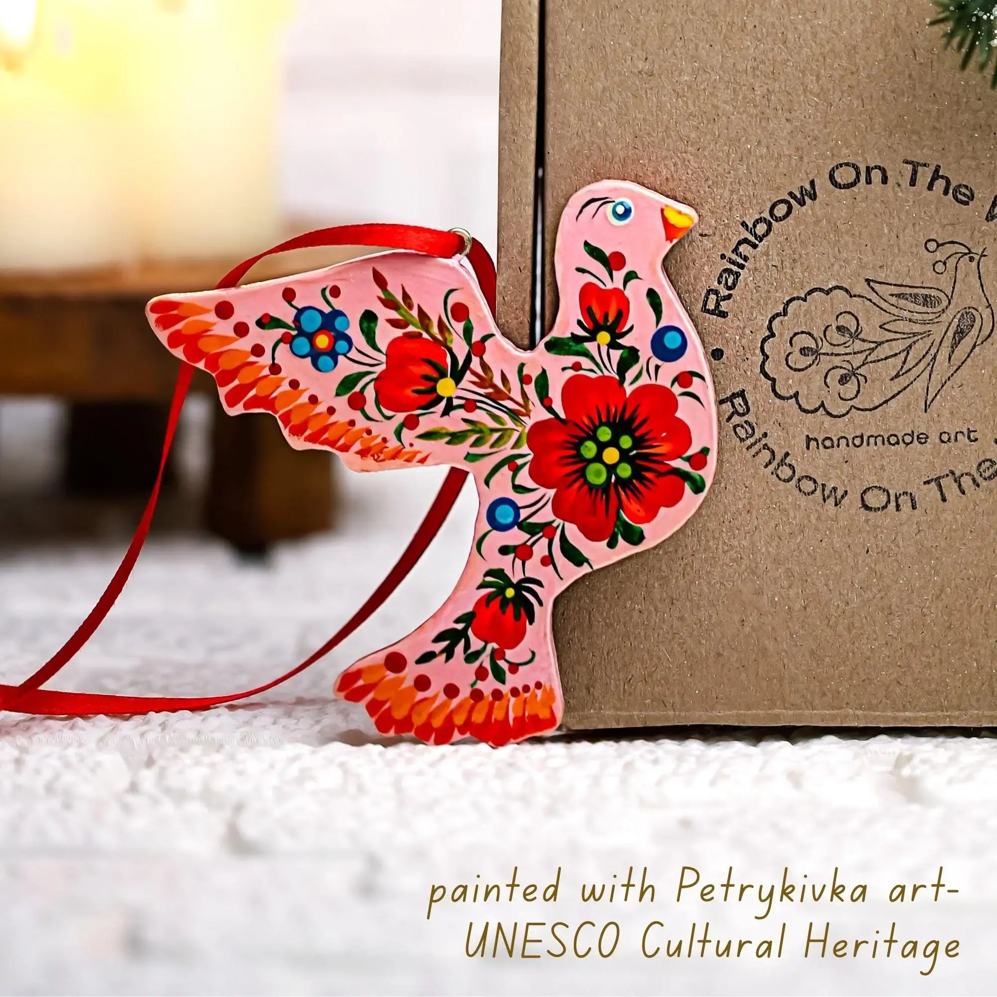 Set of 2 Wooden Doves Christmas Ornaments - Christmas Tree Bird Decorations with Ukrainian Petrykivka Folk Art, Personalized Gift