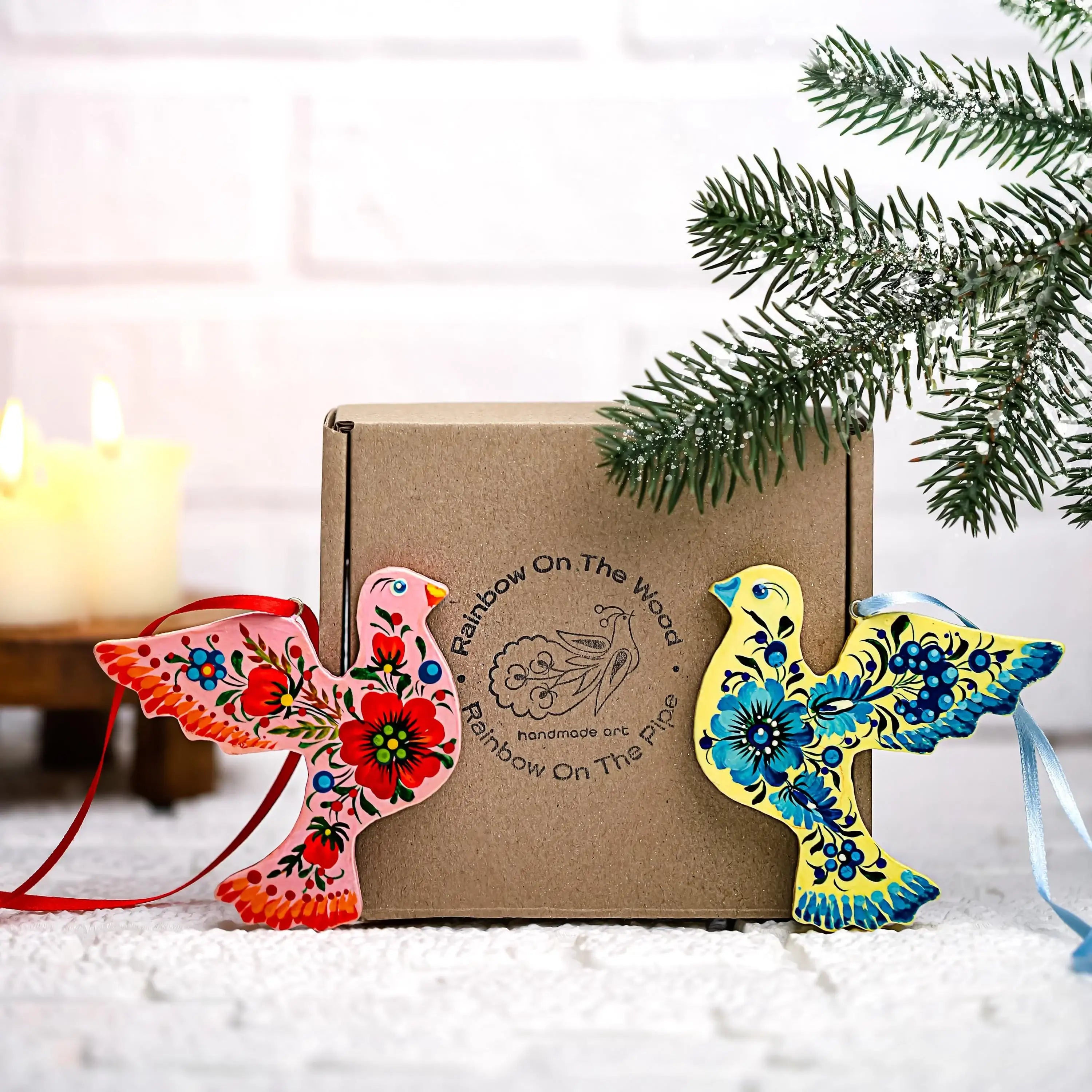Set of 2 Wooden Doves Christmas Ornaments - Christmas Tree Bird Decorations with Ukrainian Petrykivka Folk Art, Personalized Gift