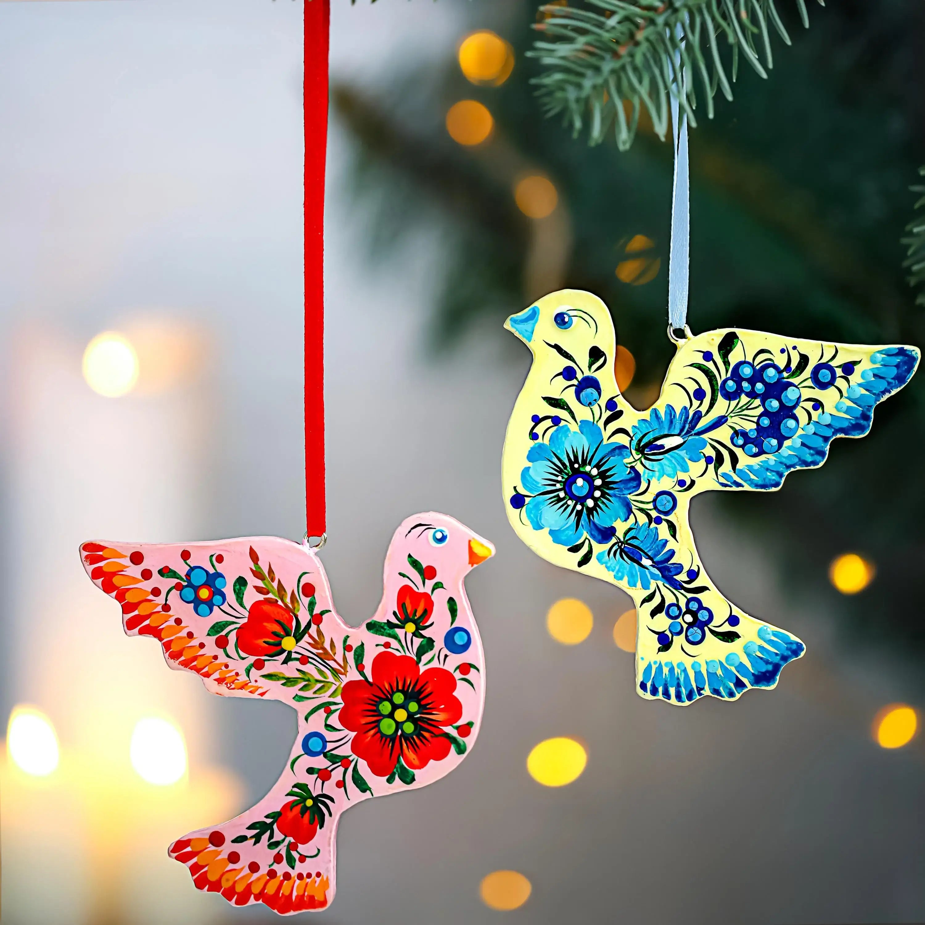 Set of 2 Wooden Doves Christmas Ornaments - Christmas Tree Bird Decorations with Ukrainian Petrykivka Folk Art, Personalized Gift